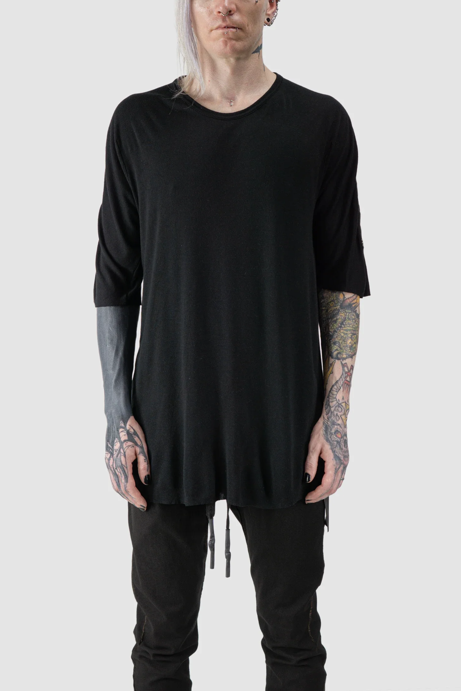 Black Horizontal Leather Spine Cashmere Blend T-Shirt
