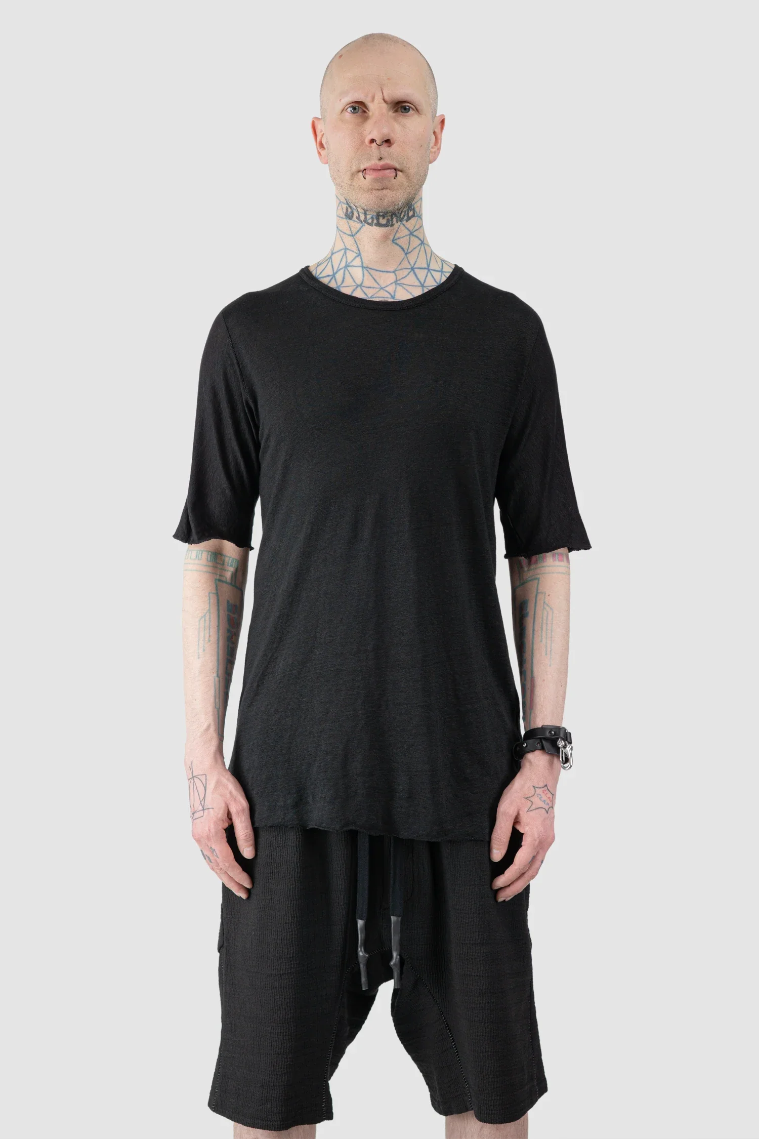 Black Linen T-Shirt with Horizontal Leather Detail