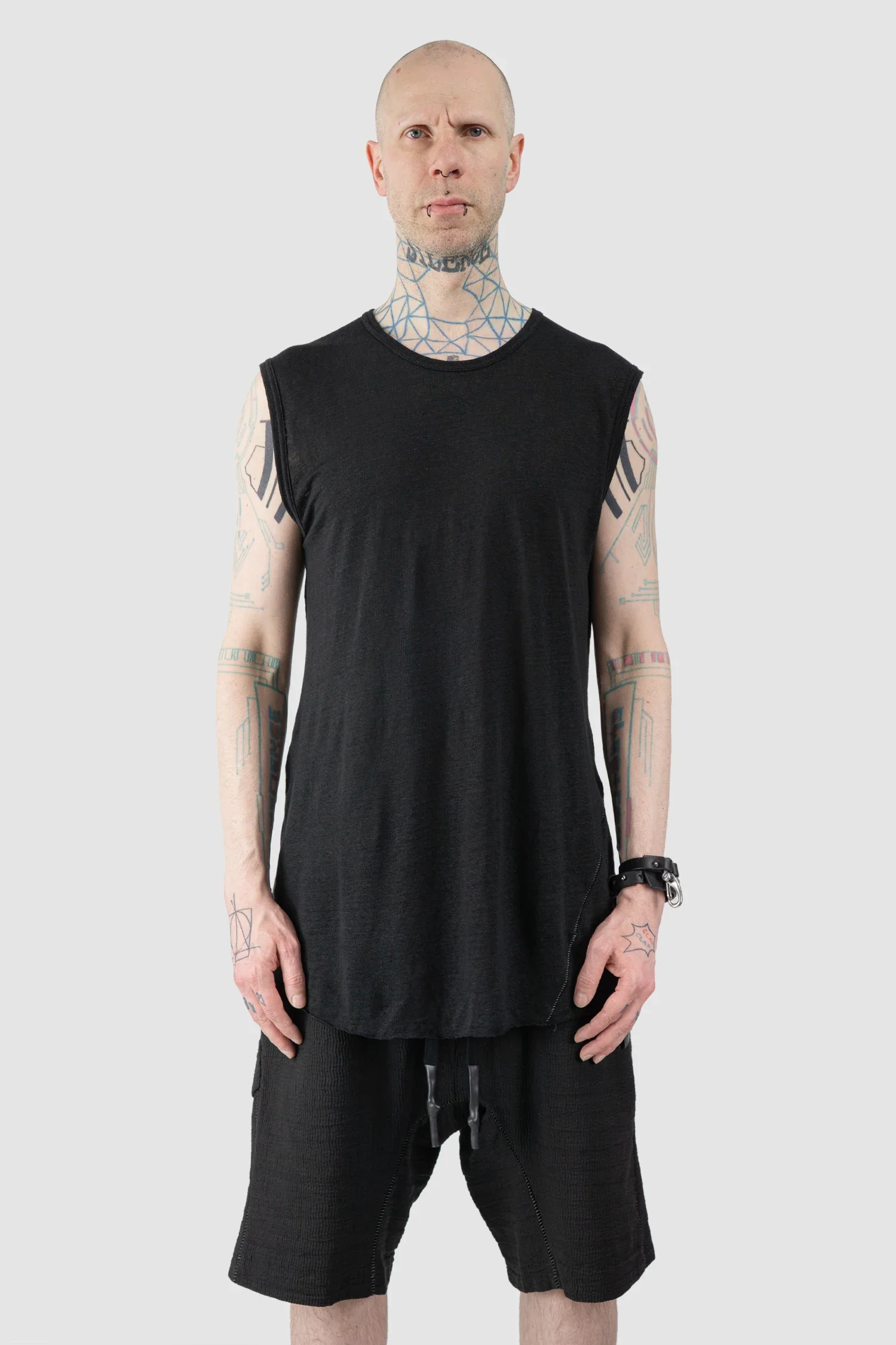 Black Linen Tank Top with Leather Spine Detail