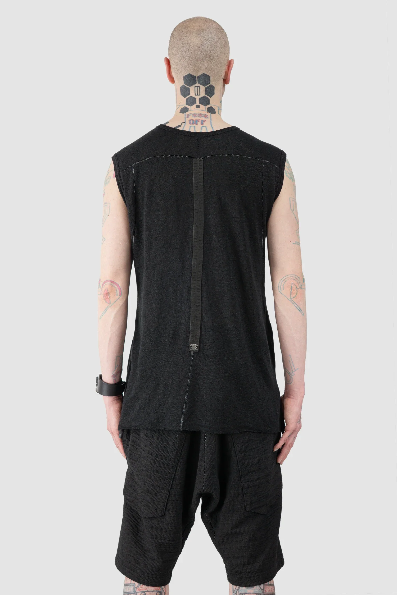 Black Linen Tank Top with Leather Spine Detail - Image 4