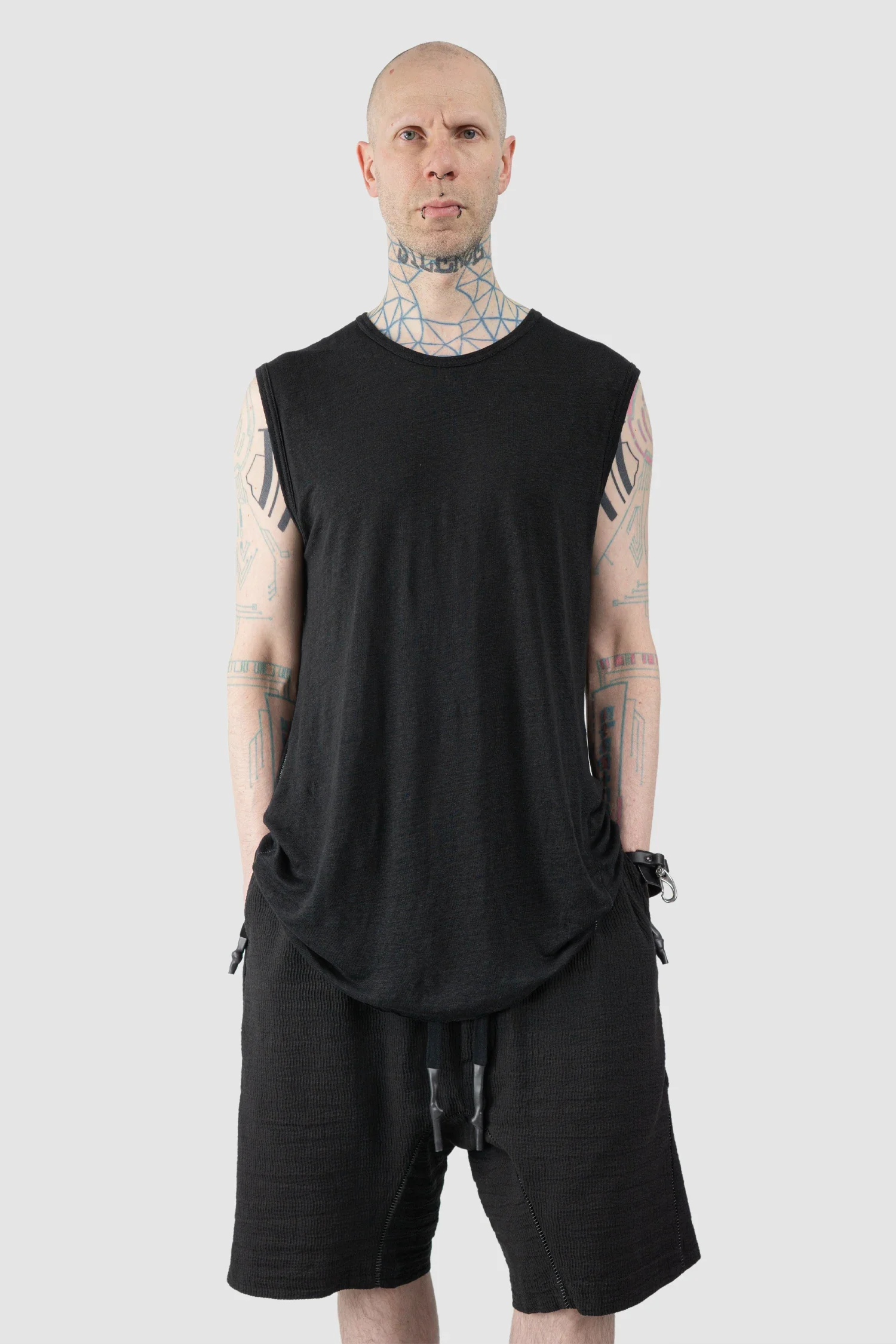 Black Linen Tank Top with Leather Spine Detail - Image 8