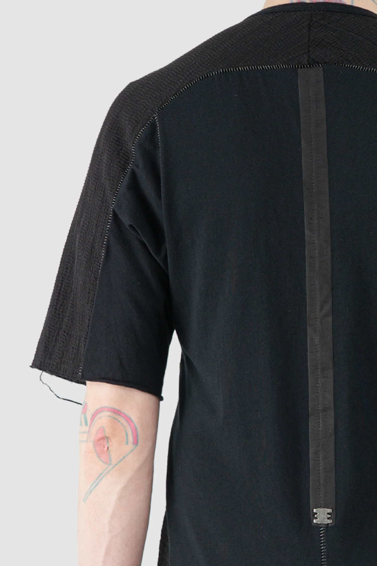 Black Mixed Structure Cotton T Shirt with Leather Spine - Image 4