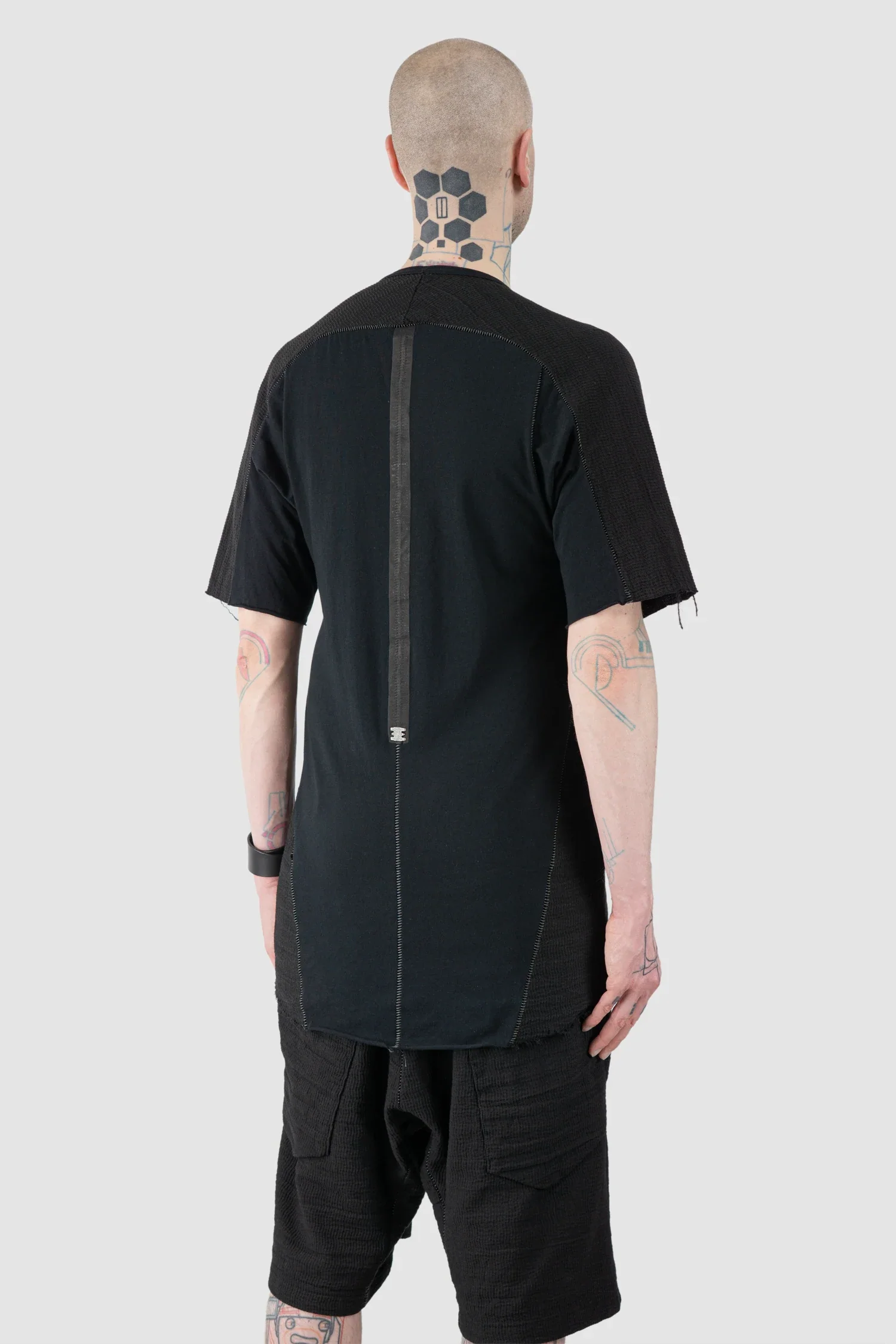 Black Mixed Structure Cotton T Shirt with Leather Spine - Image 6