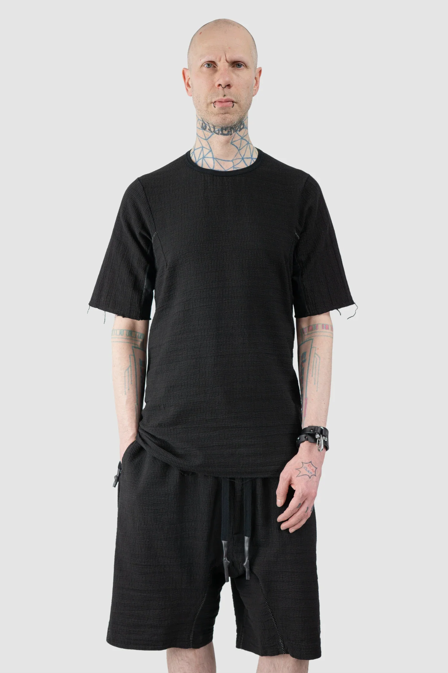 Black Mixed Structure Cotton T Shirt with Leather Spine - Image 7