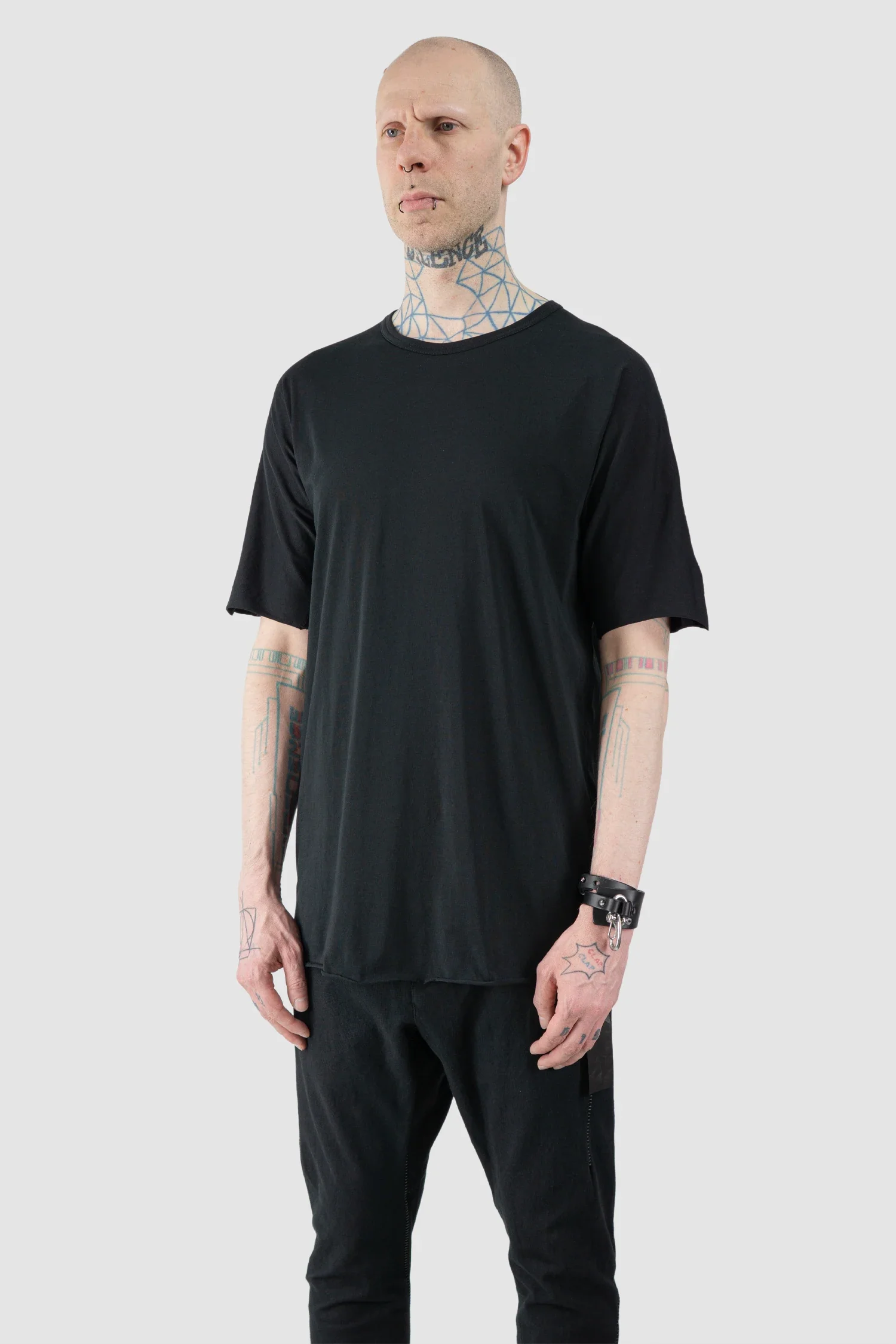 Black Organic Cotton T-Shirt with Leather Details - Image 2