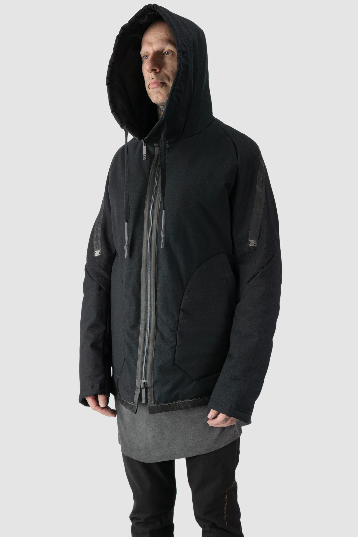 Black Padded Cotton Jacket with Hood - Image 8