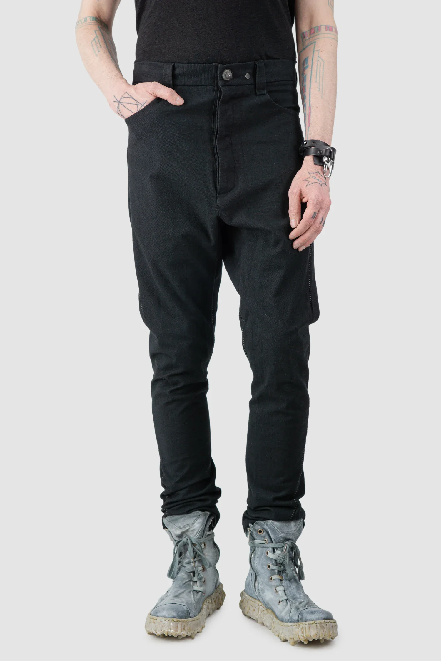 Black Scar Stitch Cotton Trousers - Image 7