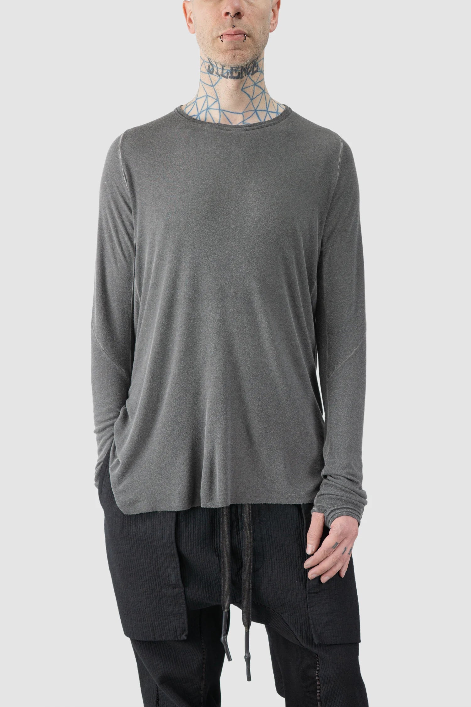 Grey Modal-Cashmere Raglan Long Sleeve T-Shirt - Image 6