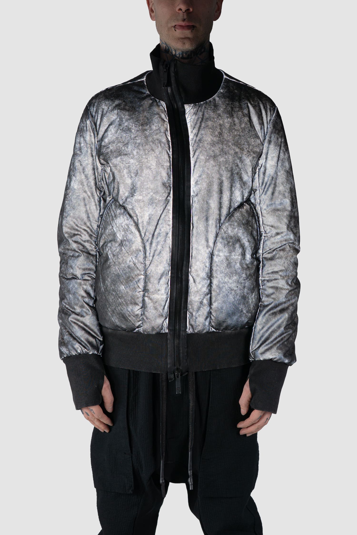 Grey Reflective Object-Dyed Padded Nylon Bomber Jacket - Image 2
