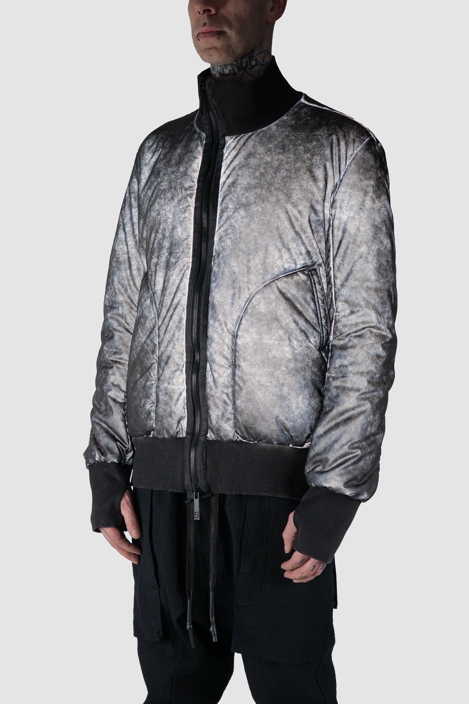 Grey Reflective Object-Dyed Padded Nylon Bomber Jacket - Image 4