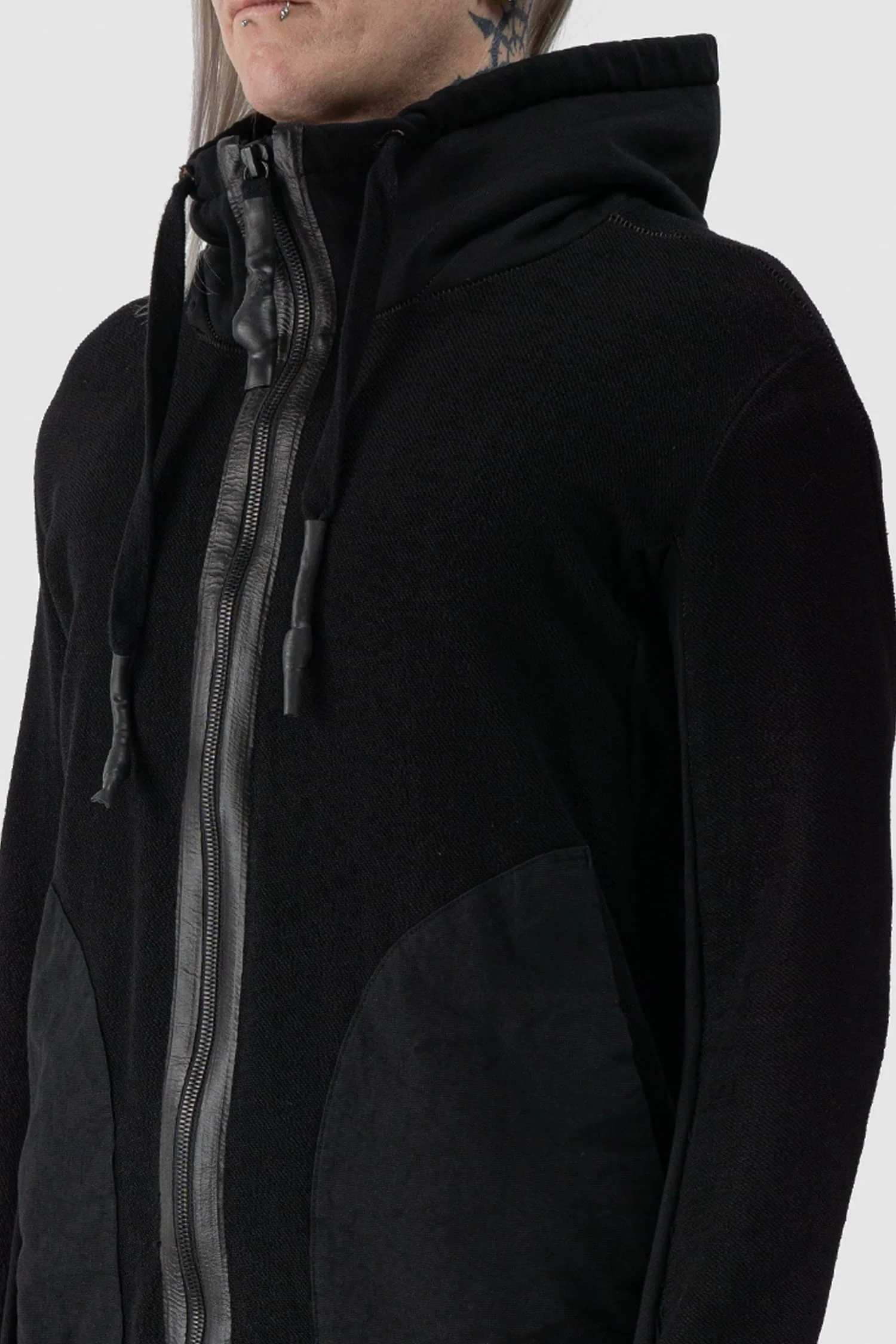 Black Textured Cotton Leather Trimmed Hoodie Zip Sweater - Image 3