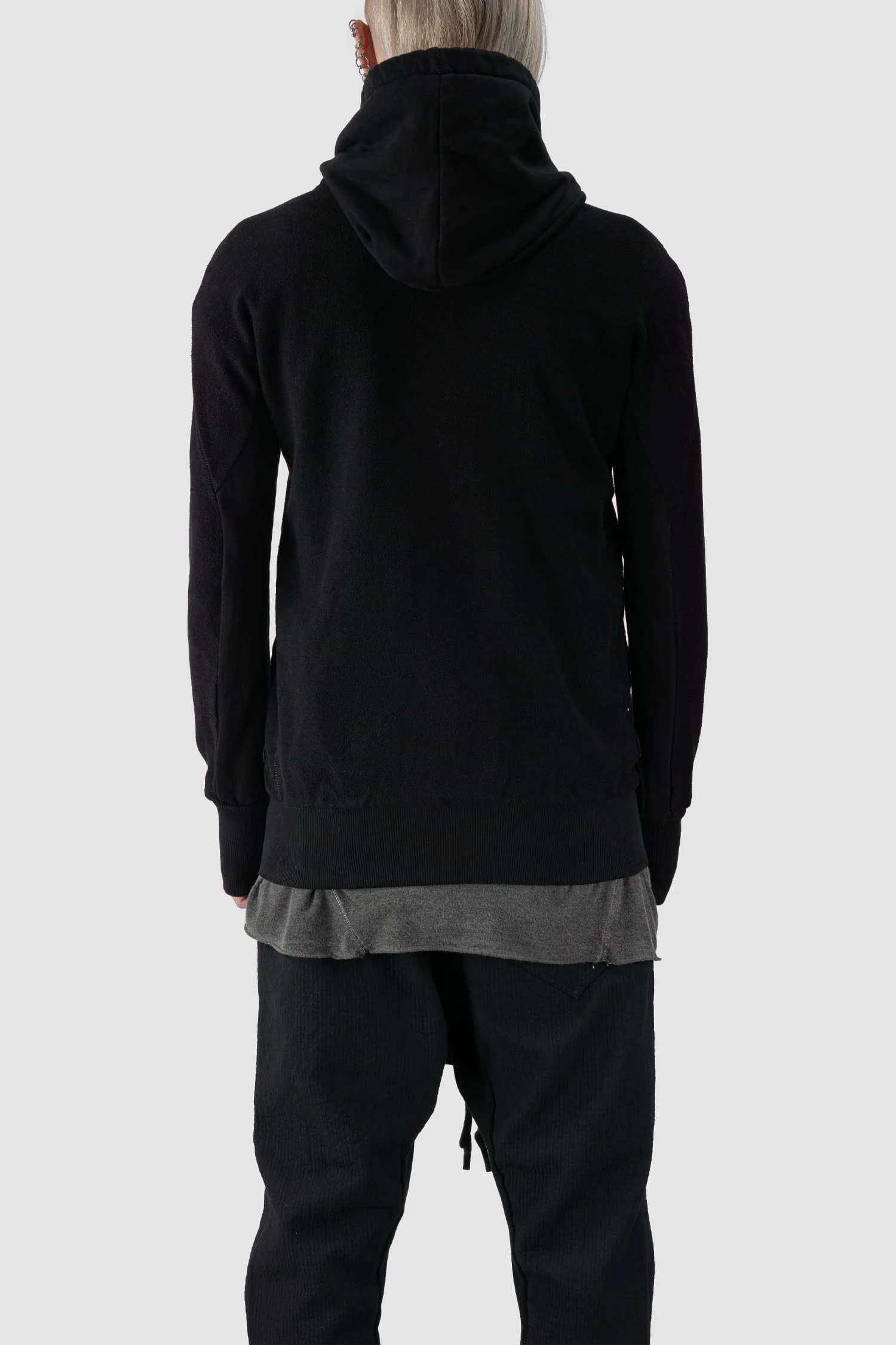 Black Textured Cotton Leather Trimmed Hoodie Zip Sweater - Image 4