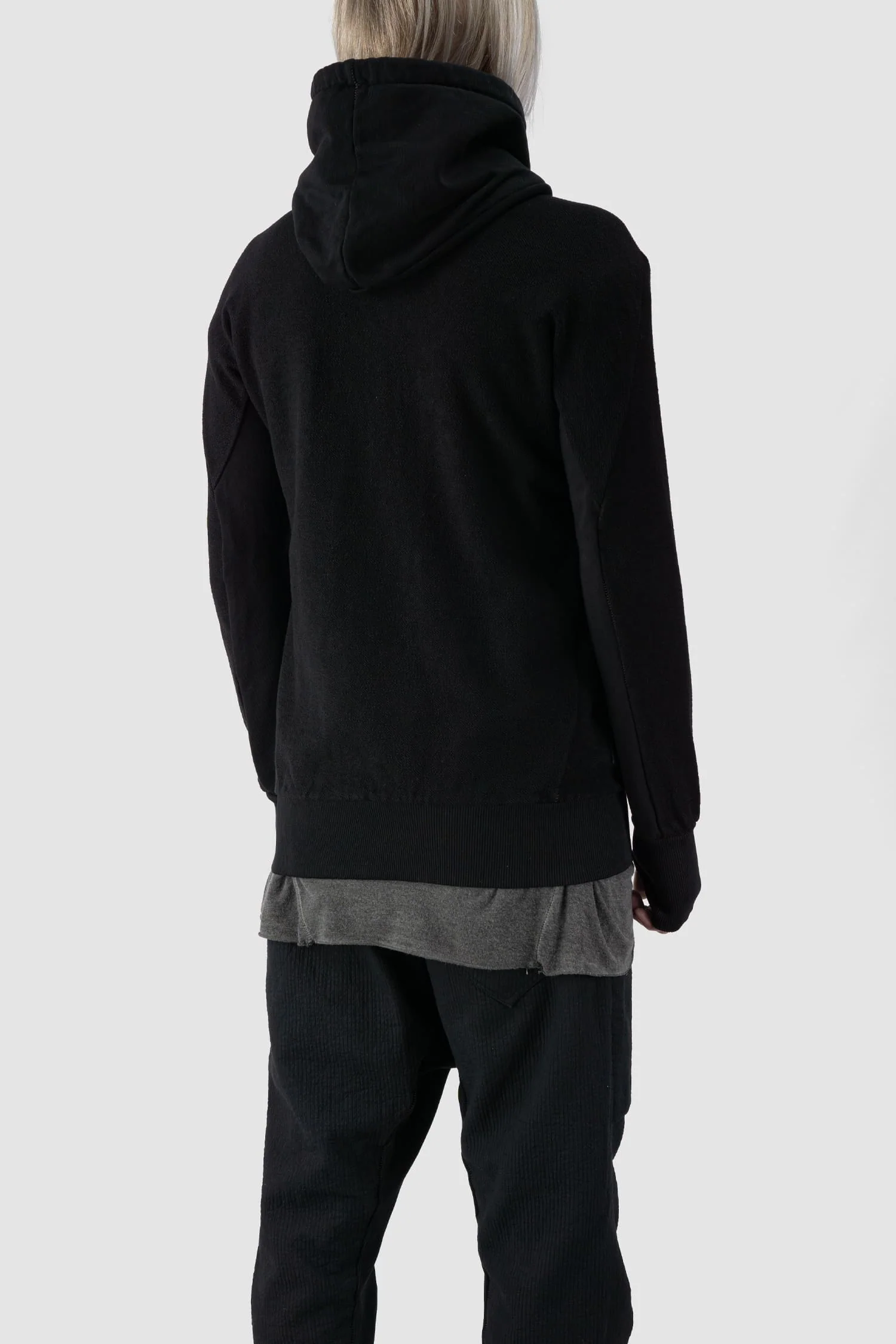 Black Textured Cotton Leather Trimmed Hoodie Zip Sweater - Image 5