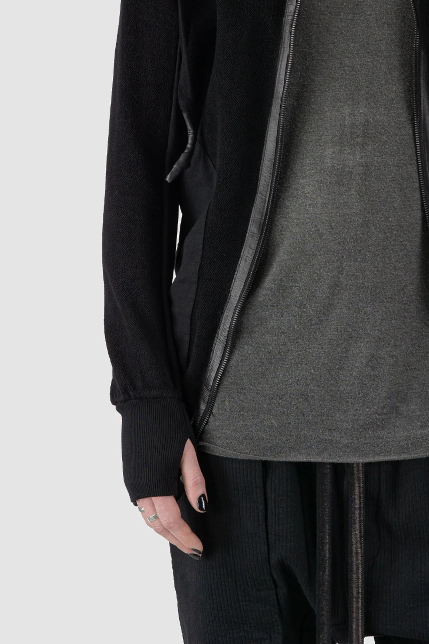 Black Textured Cotton Leather Trimmed Hoodie Zip Sweater - Image 7