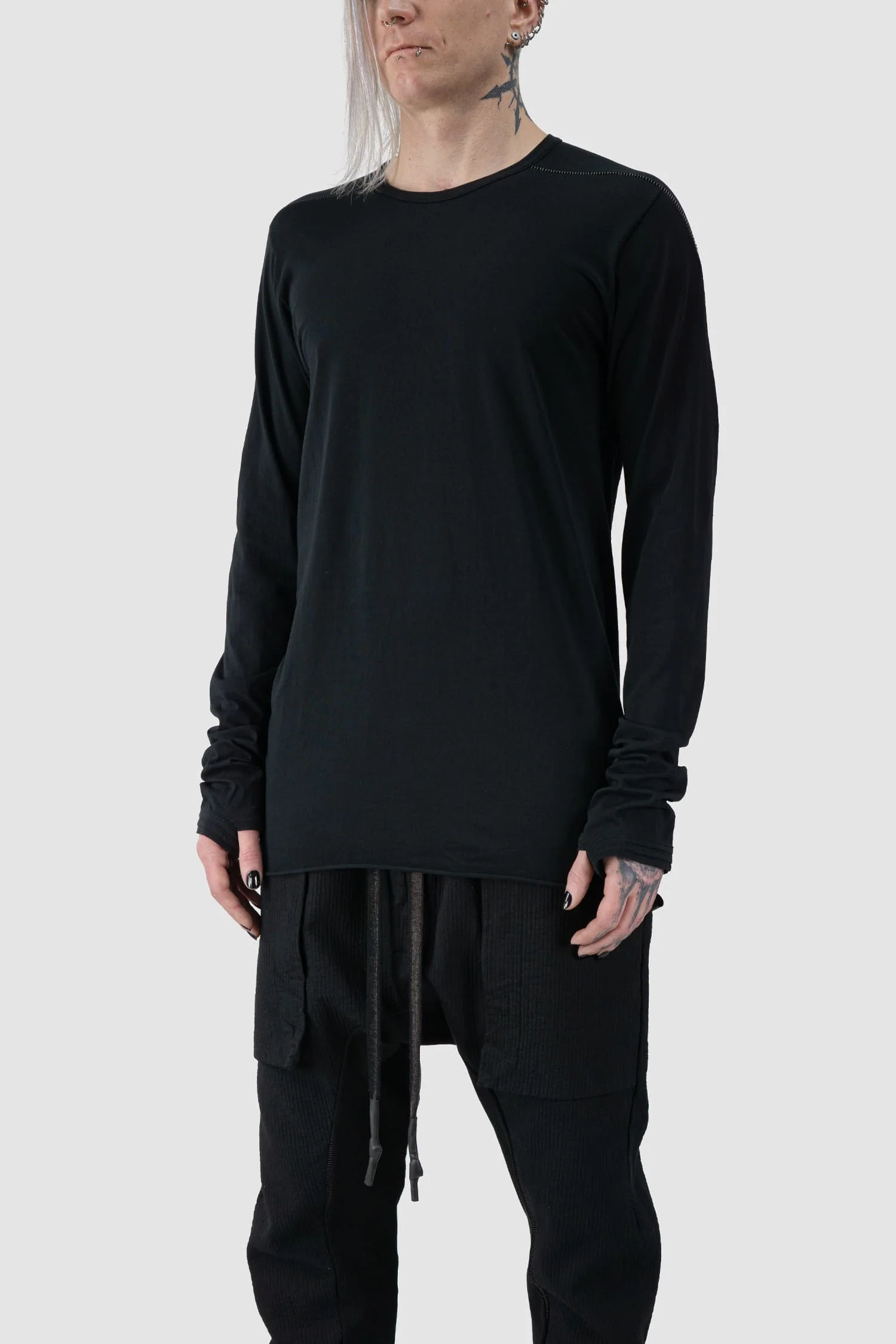 Black Two Tonal Contrast Flat Lock Long Sleeve T-Shirt - Image 2