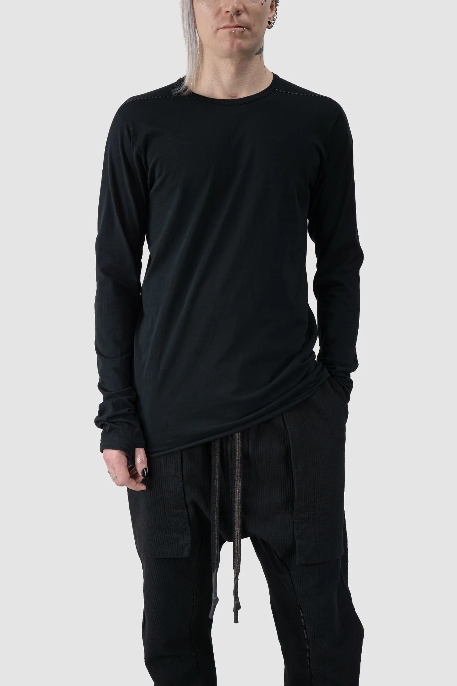 Black Two Tonal Contrast Flat Lock Long Sleeve T-Shirt - Image 7