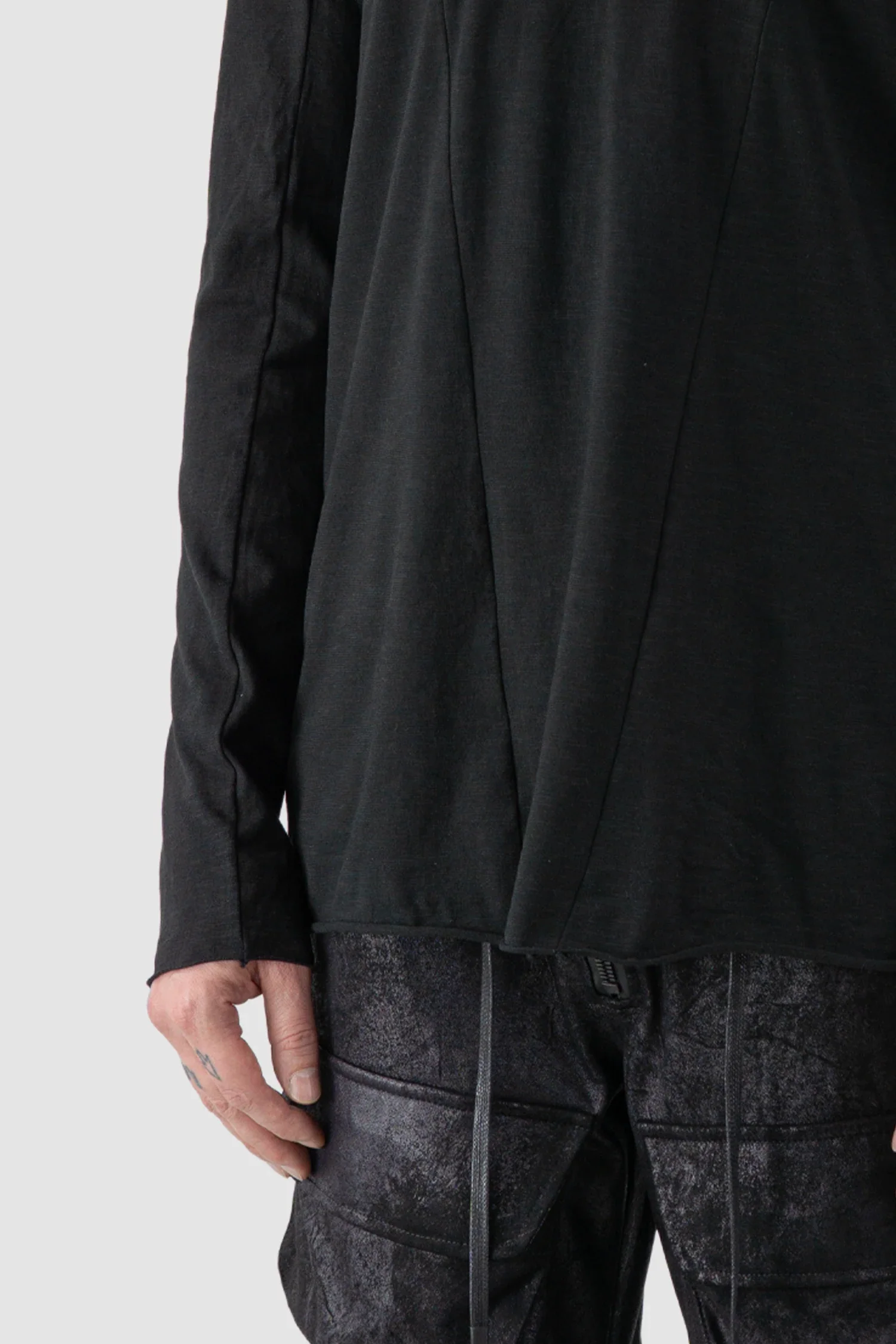 Black Brushed Cotton Geometric Seam Long Sleeve T-Shirt - Image 4