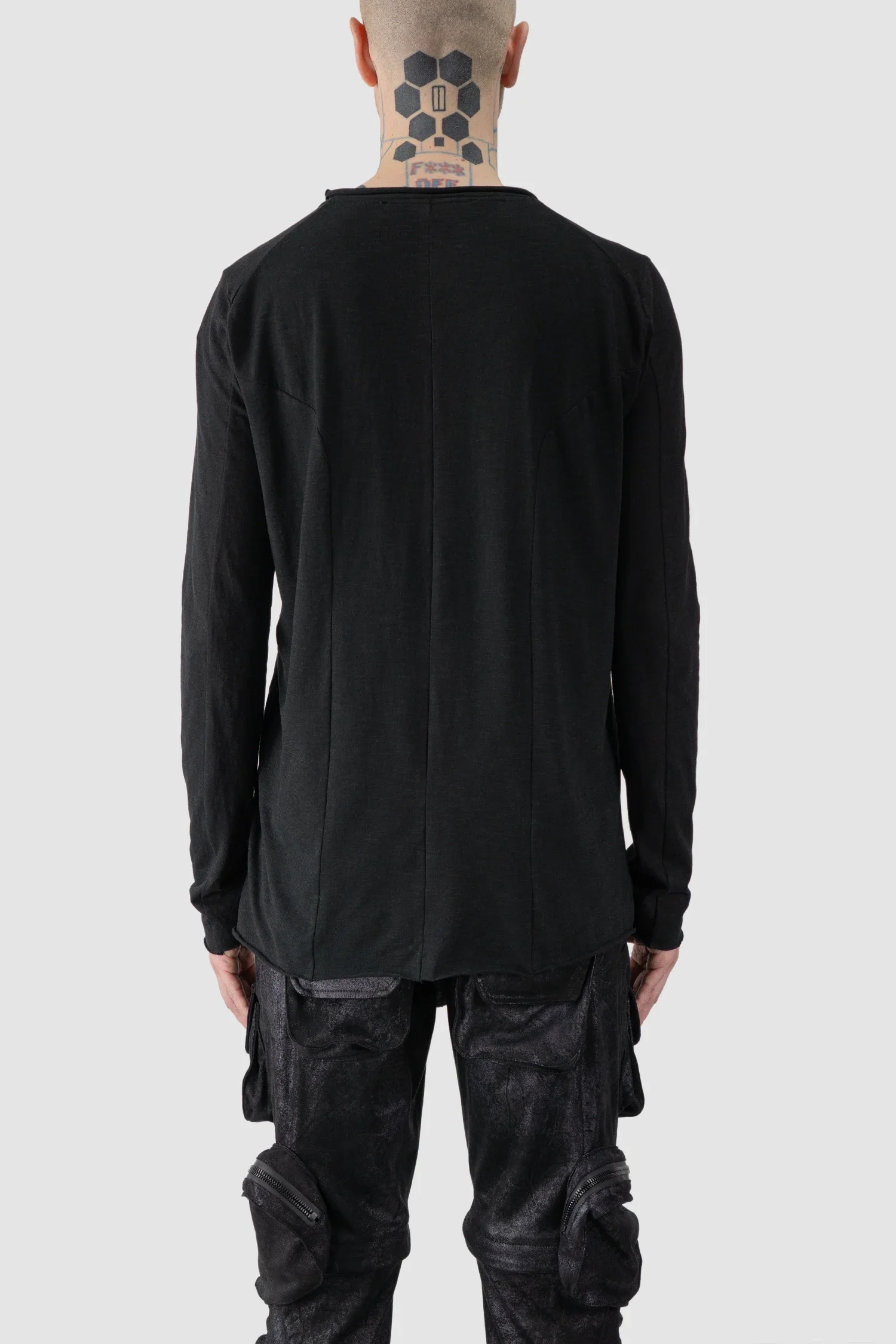 Black Brushed Cotton Geometric Seam Long Sleeve T-Shirt - Image 5