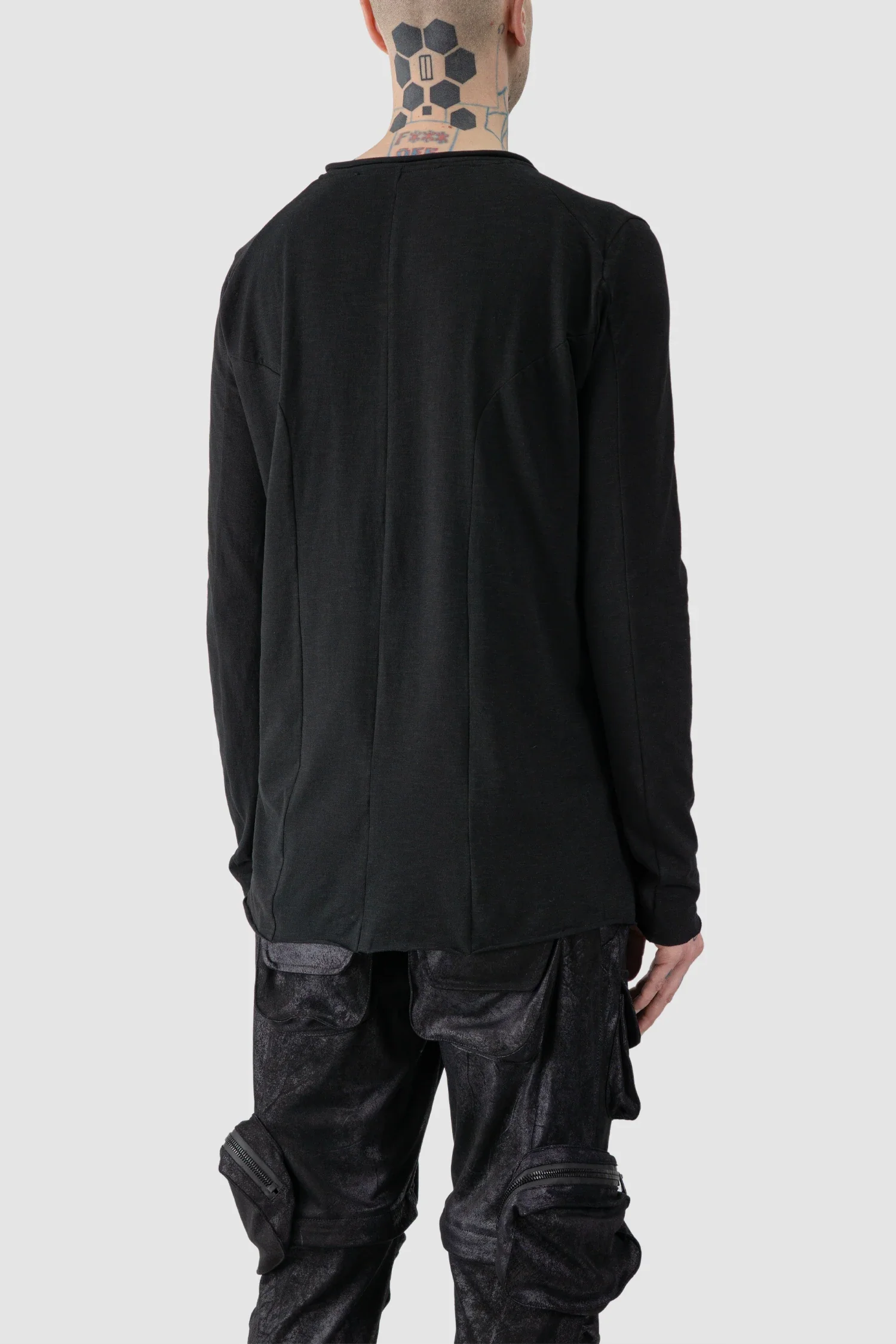 Black Brushed Cotton Geometric Seam Long Sleeve T-Shirt - Image 6