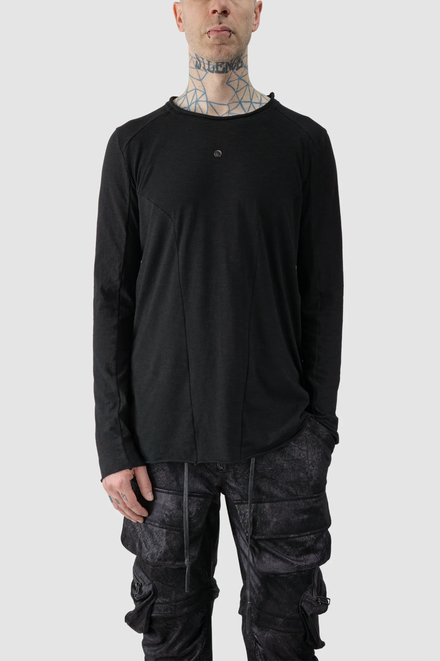 Black Brushed Cotton Geometric Seam Long Sleeve T-Shirt - Image 7