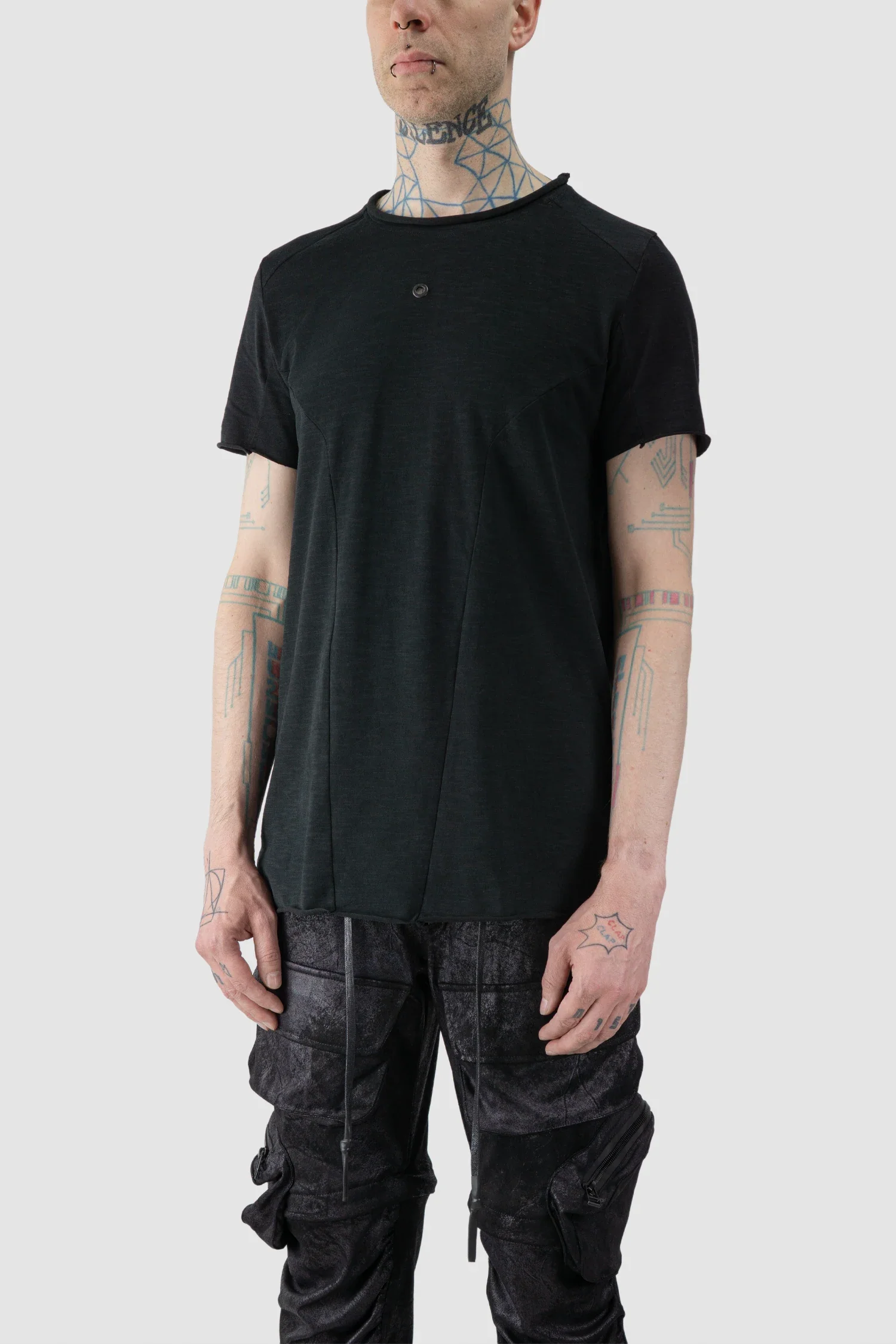 Black Brushed Cotton Geometric Seam Short Sleeve T-Shirt - Image 2
