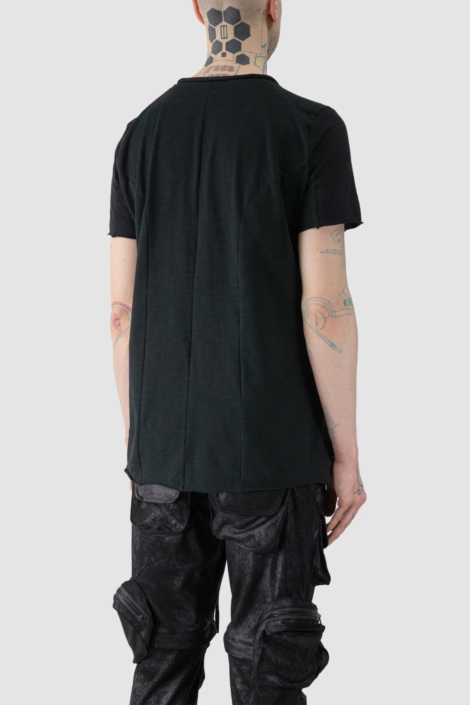 Black Brushed Cotton Geometric Seam Short Sleeve T-Shirt - Image 5