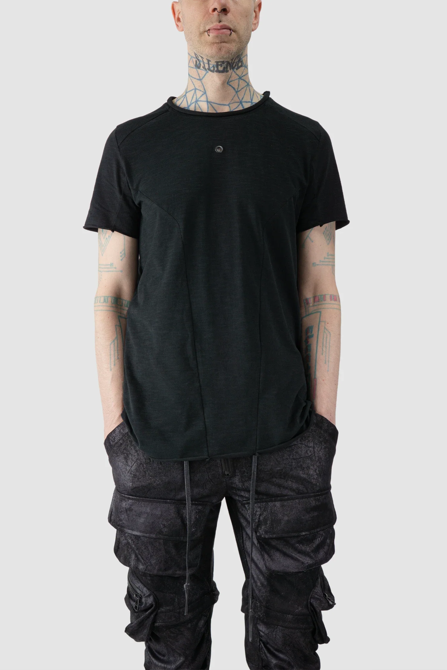 Black Brushed Cotton Geometric Seam Short Sleeve T-Shirt - Image 6