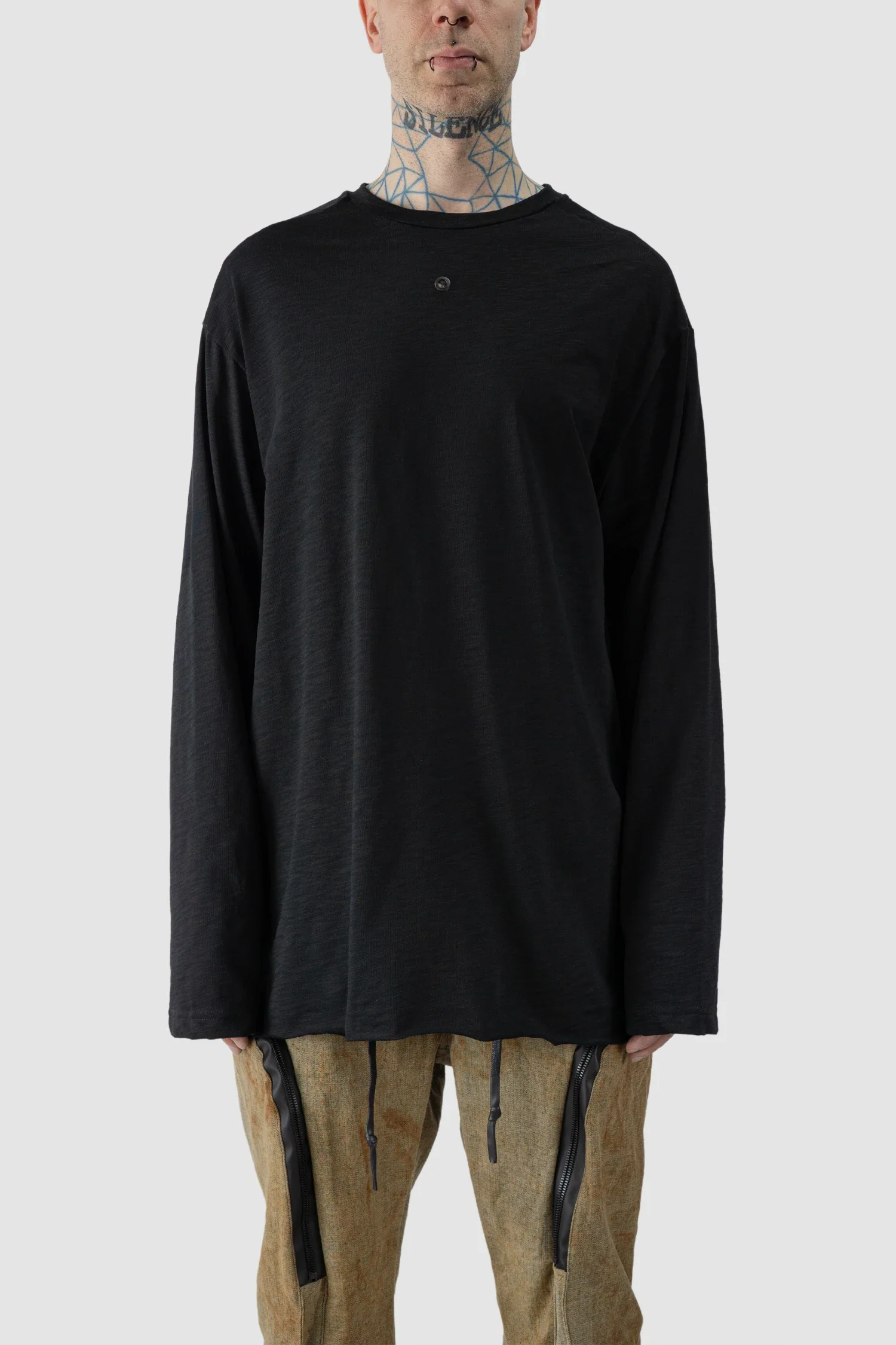 Black Cotton Back-Draped Oversize Long Sleeve T-Shirt