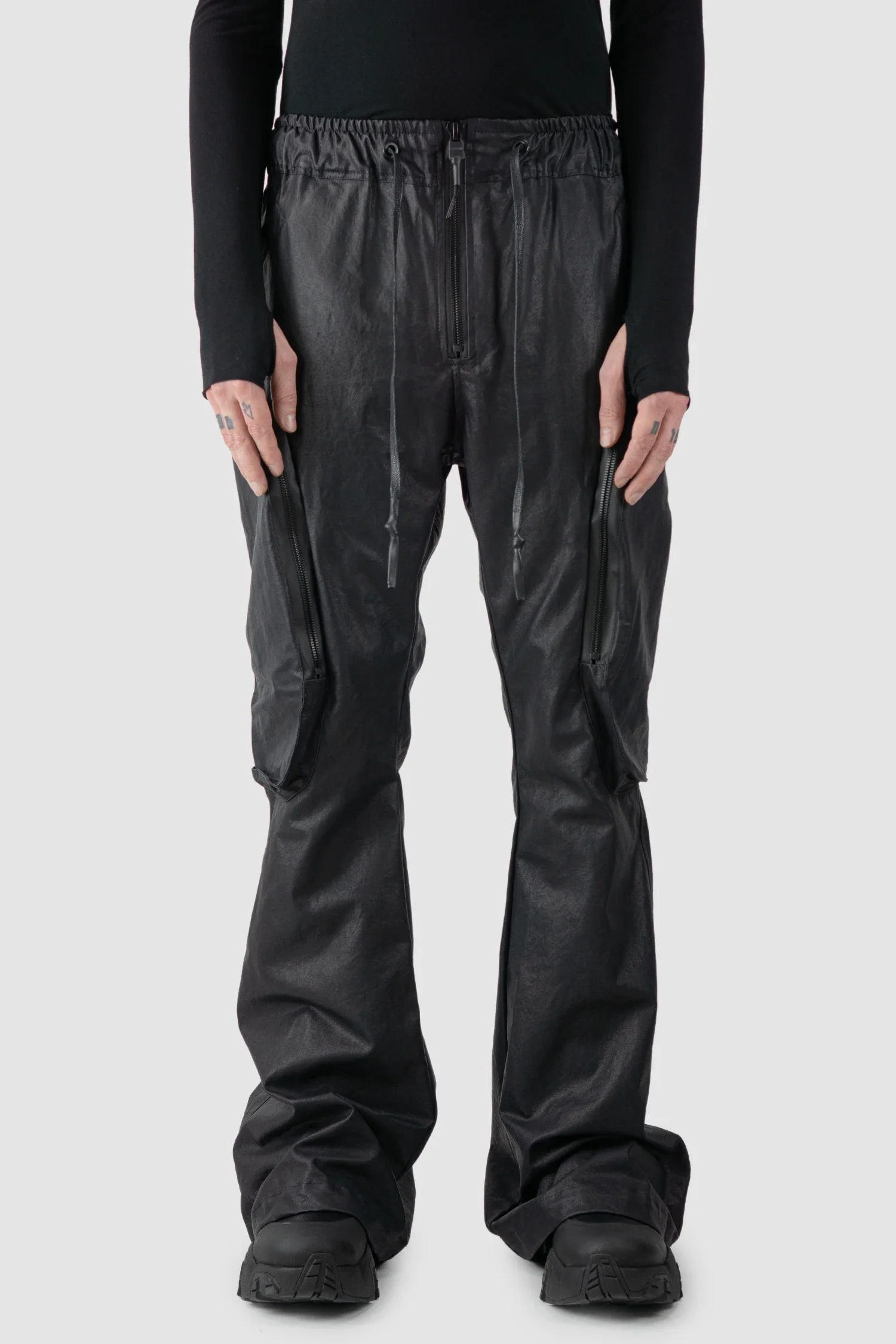 Black Heavy Coated Wide Leg Cargo Trousers