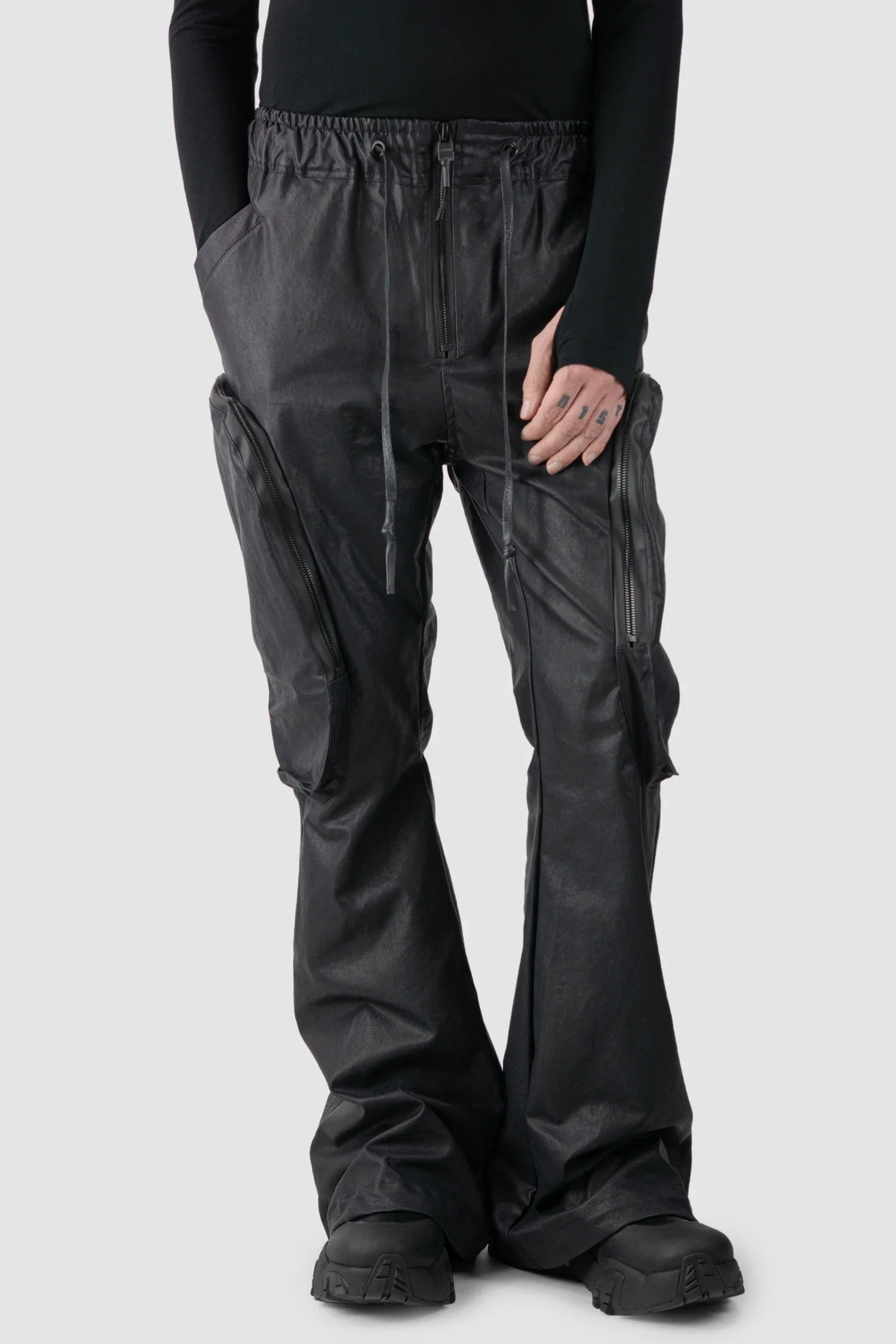 Black Heavy Coated Wide Leg Cargo Trousers - Image 7