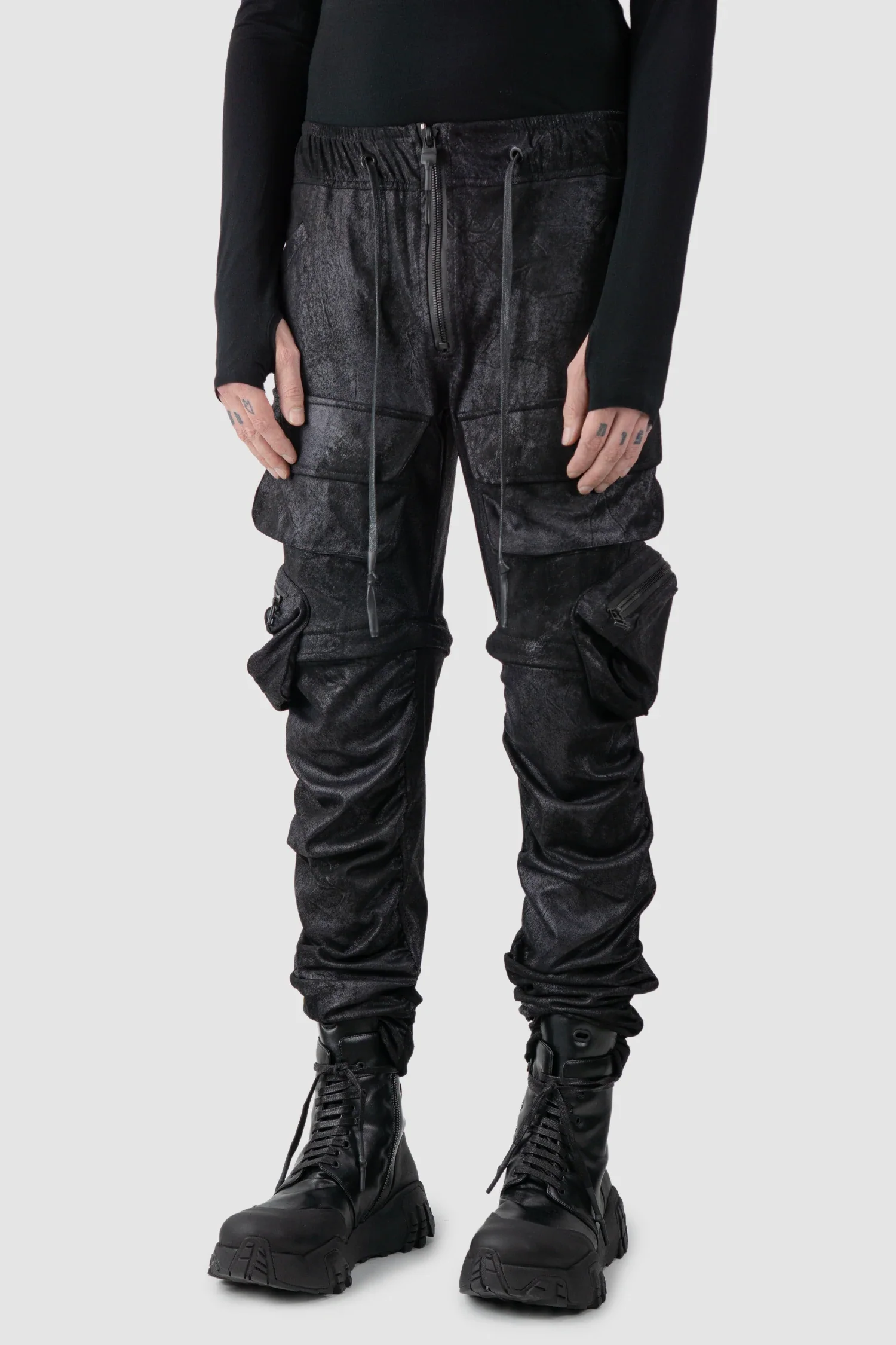 Black Vegan Leather Convertible Cargo Trousers - Image 3
