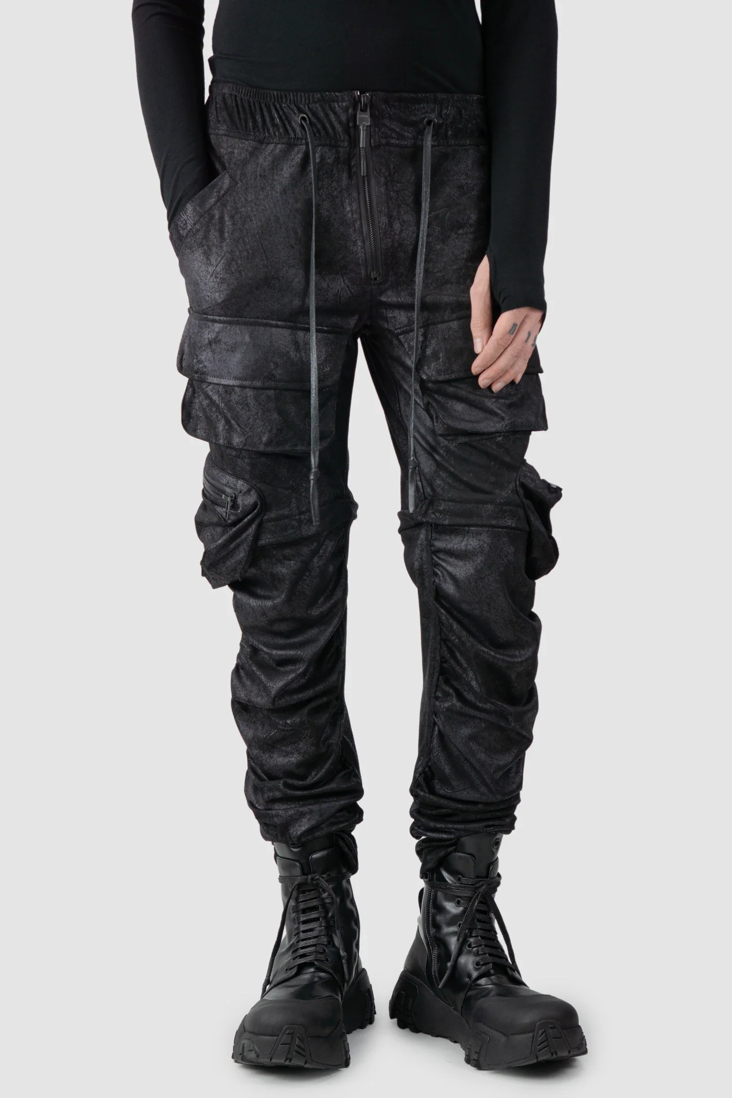 Black Vegan Leather Convertible Cargo Trousers - Image 9