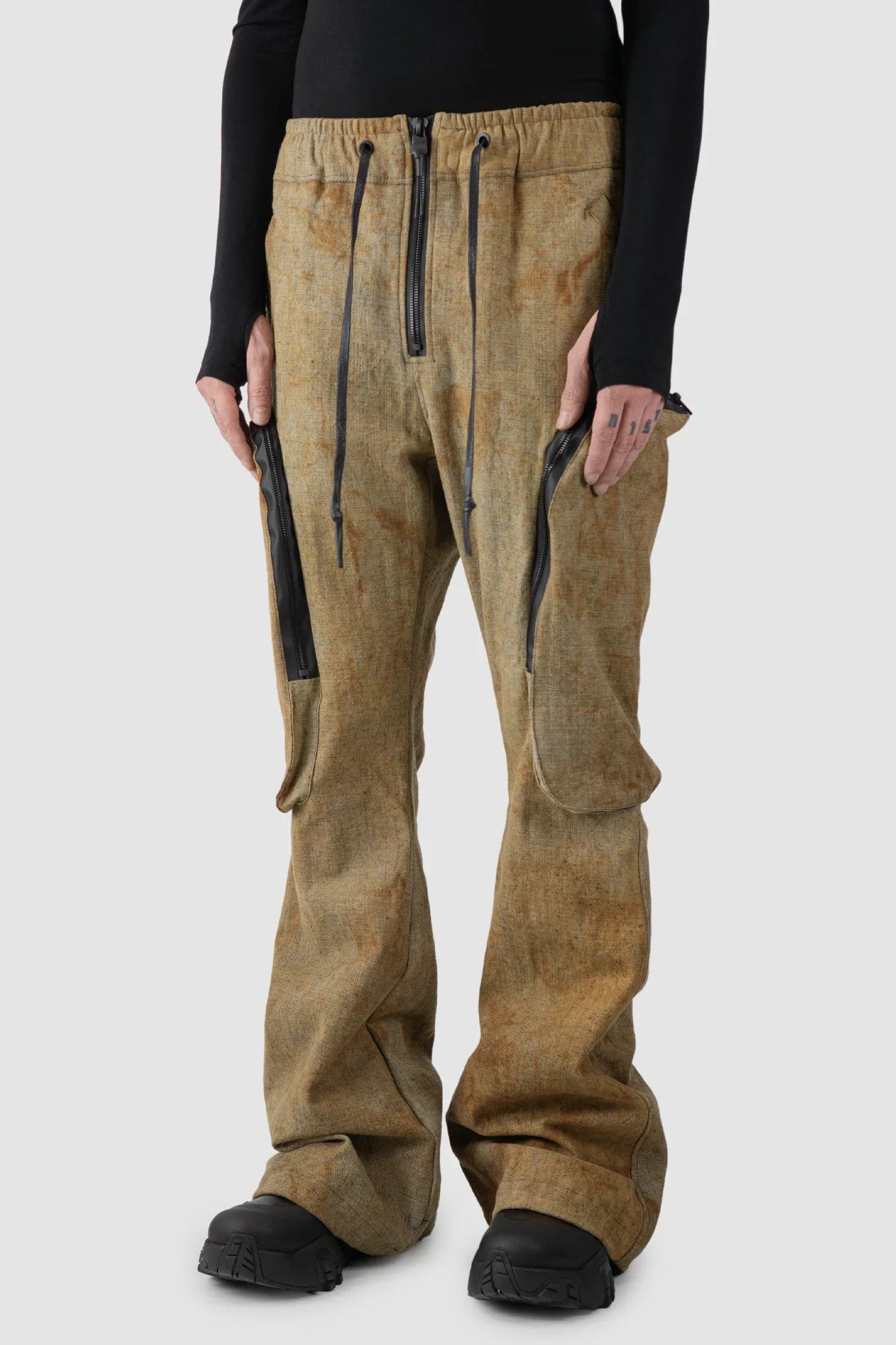 Brown Rusted Denim Flared Cargo Trousers - Image 2