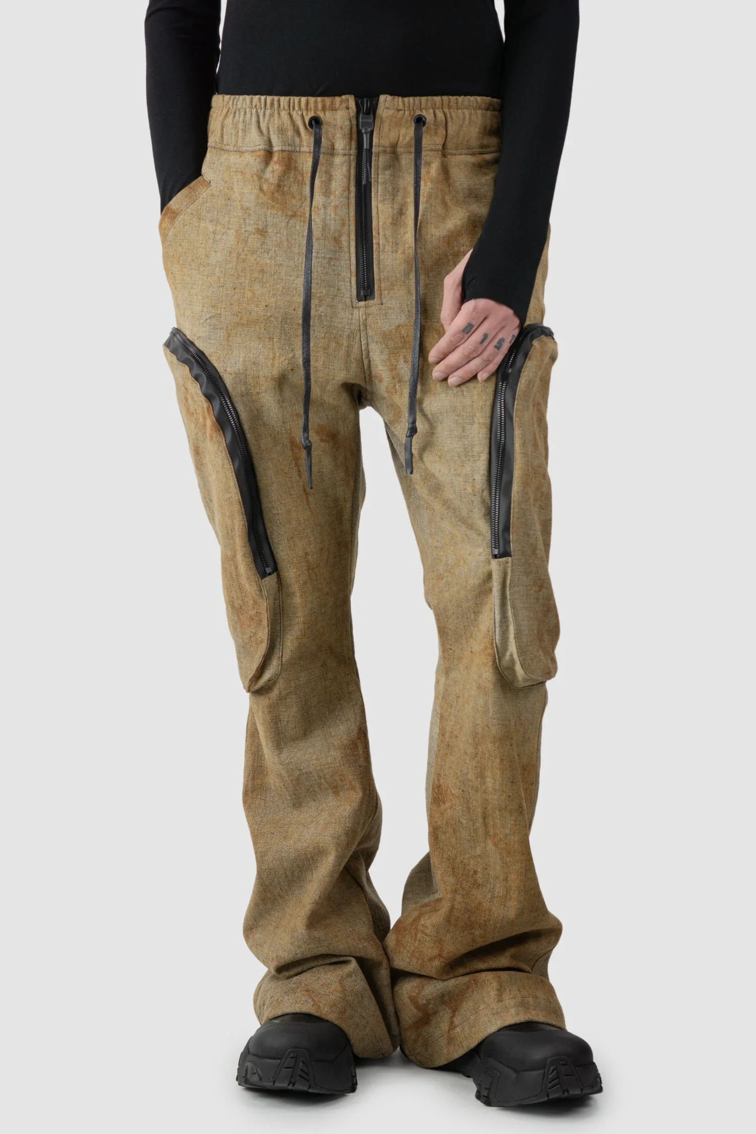Brown Rusted Denim Flared Cargo Trousers - Image 7