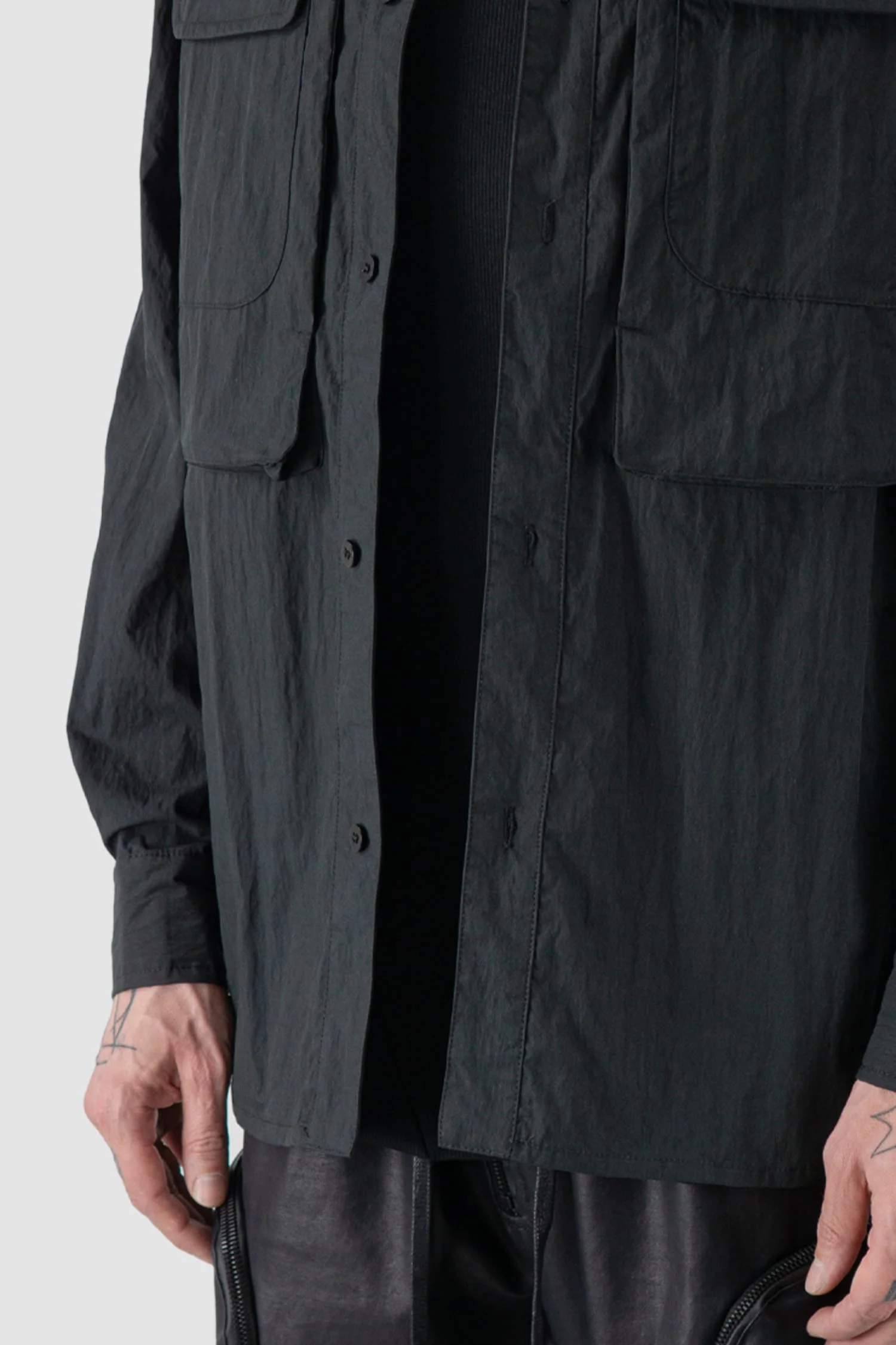 Black Cracked Cotton Long Sleeve Cargo Shirt - Image 3