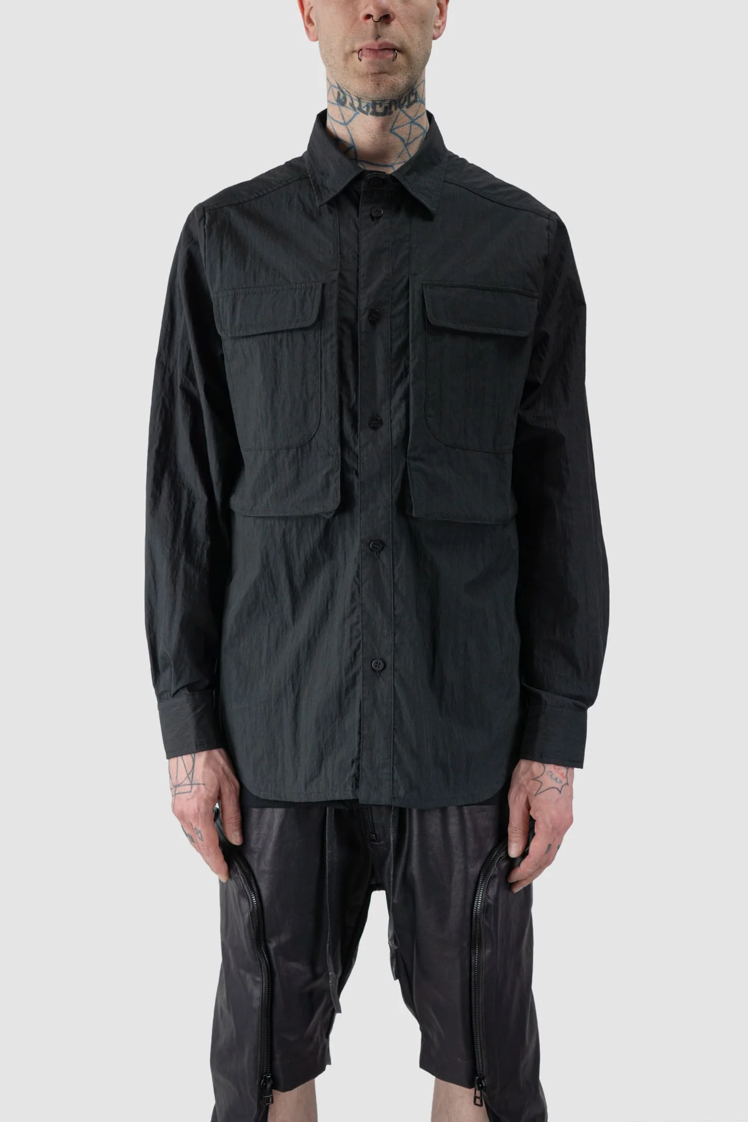 Black Cracked Cotton Long Sleeve Cargo Shirt - Image 7