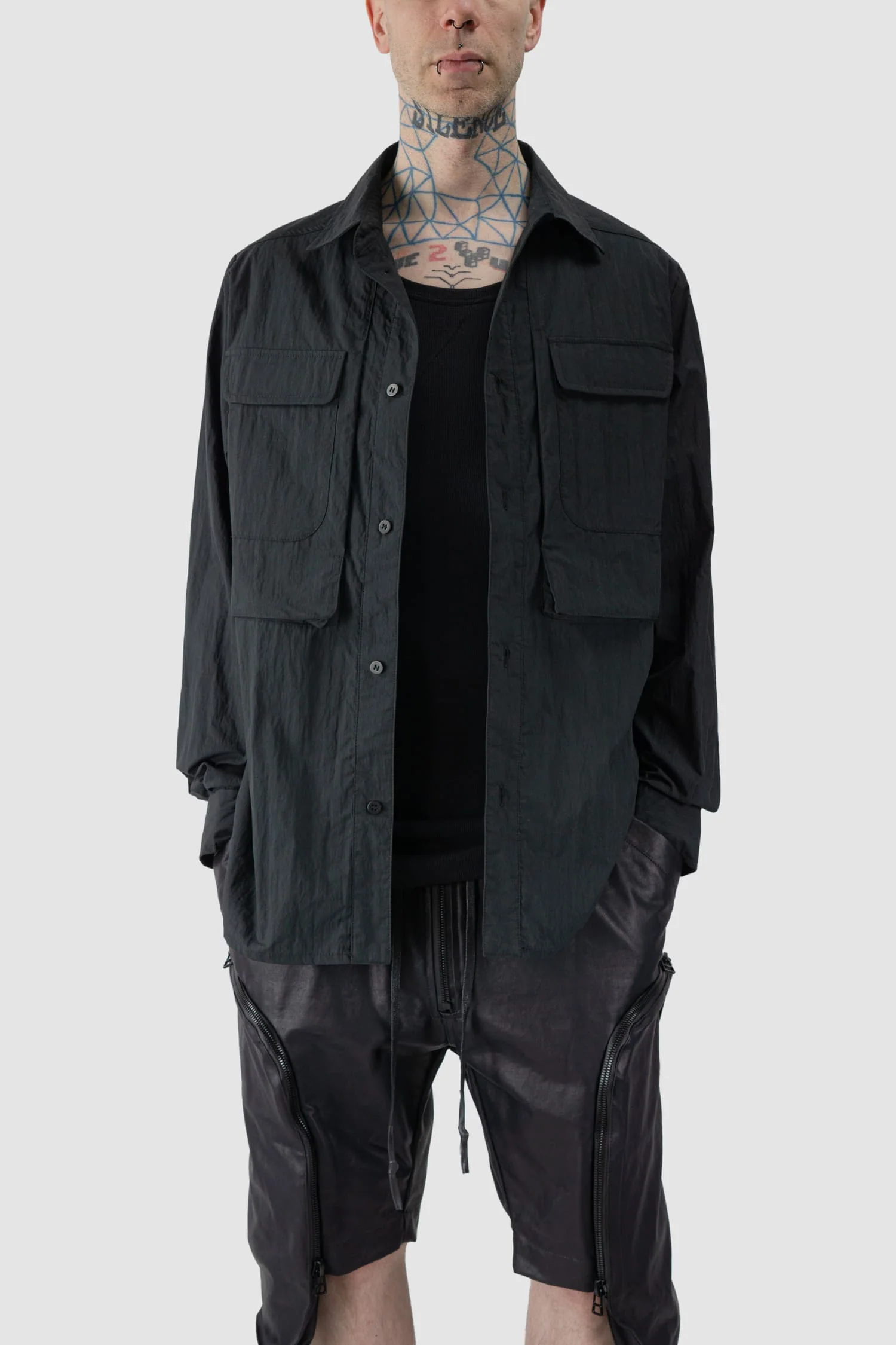 Black Cracked Cotton Long Sleeve Cargo Shirt - Image 8