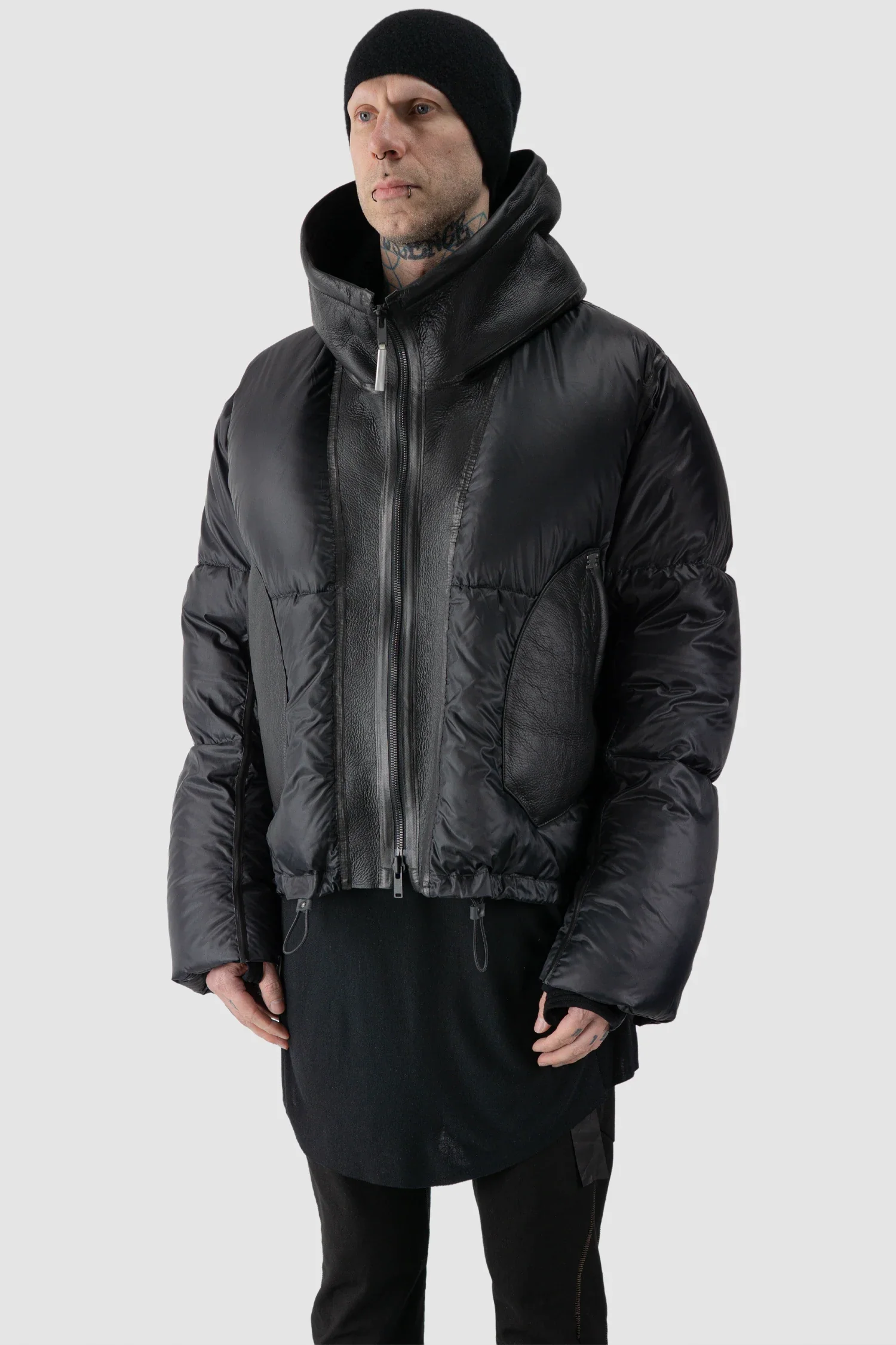 Black Hooded Cropped Shearling and Down Puffer Jacket - Image 2