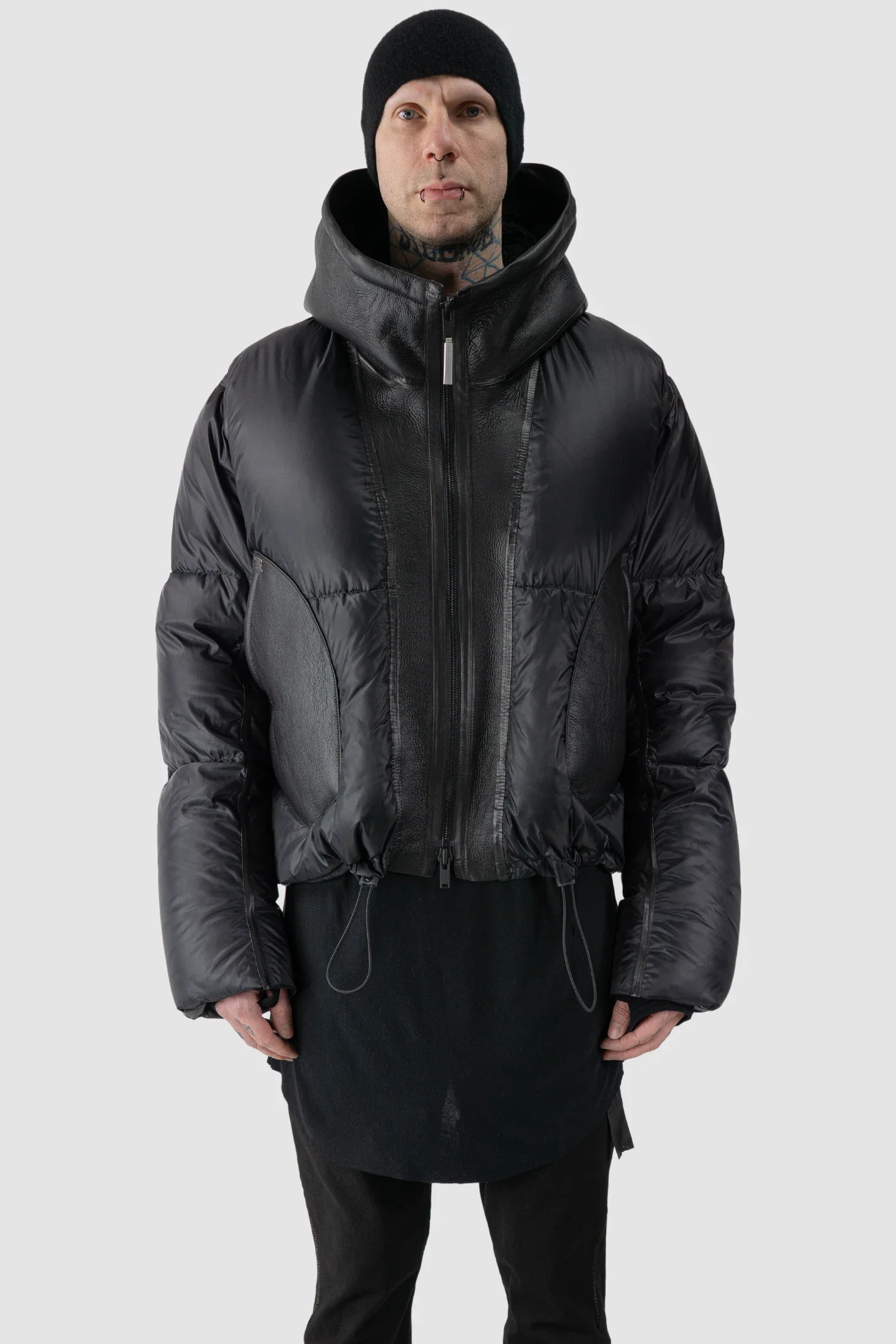 Black Hooded Cropped Shearling and Down Puffer Jacket - Image 3