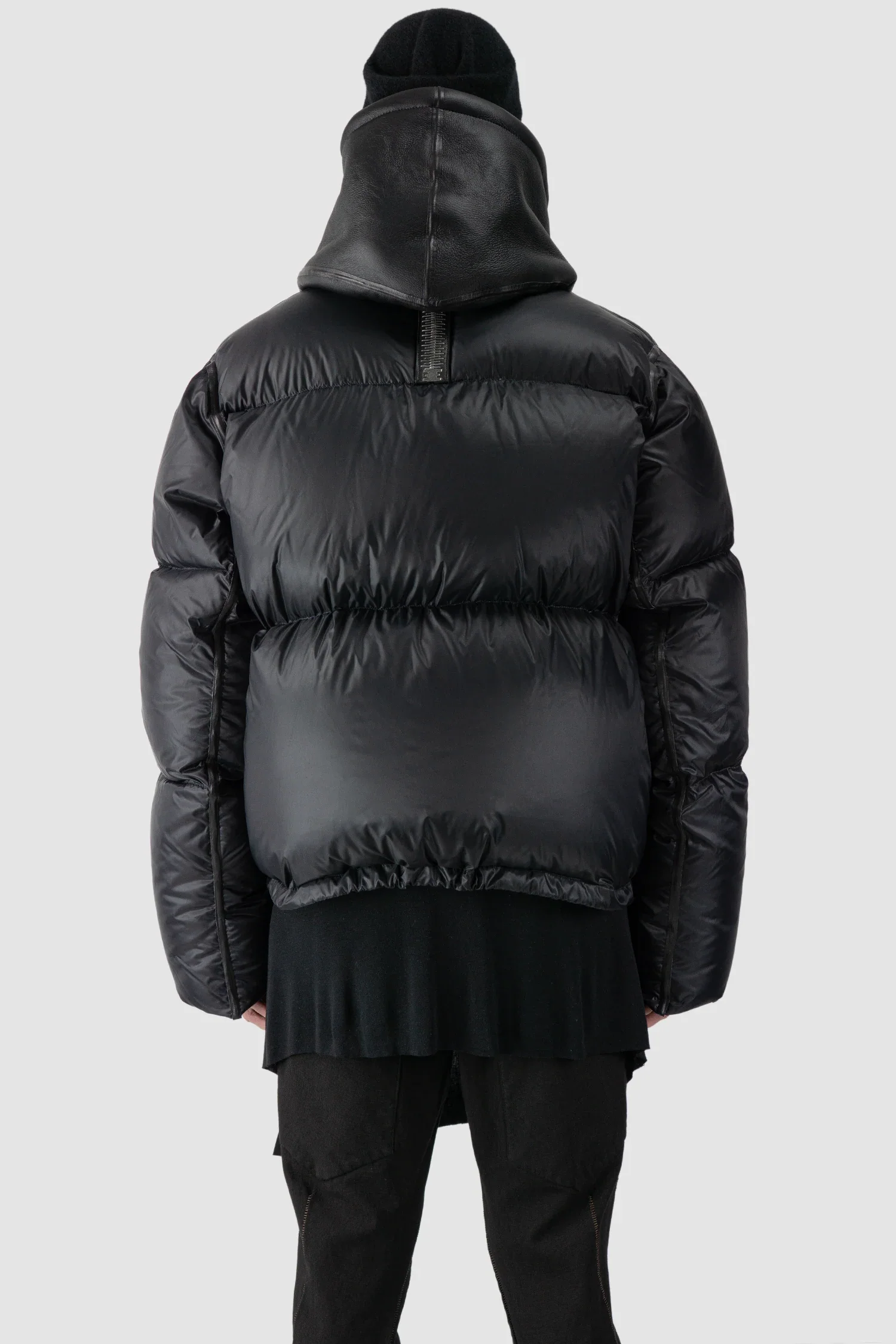 Black Hooded Cropped Shearling and Down Puffer Jacket - Image 4