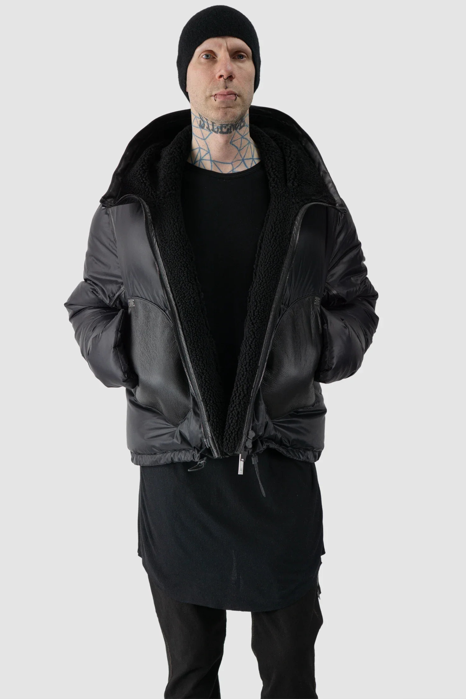 Black Hooded Cropped Shearling and Down Puffer Jacket - Image 7