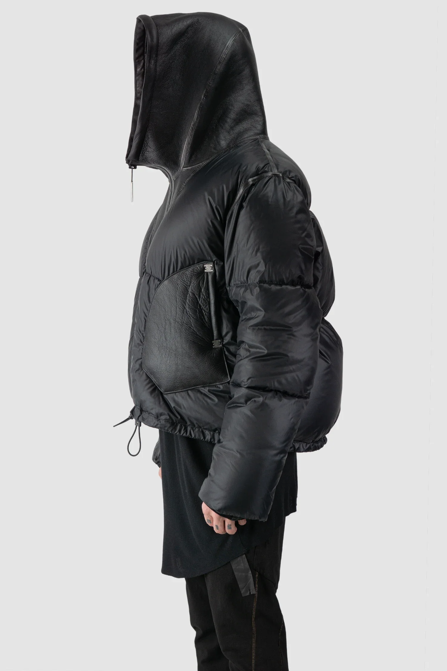 Black Hooded Cropped Shearling and Down Puffer Jacket - Image 9