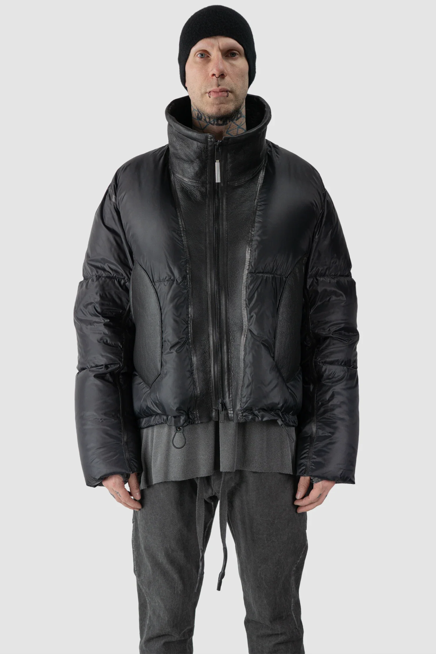 Black Shearling Leather and Down Cropped Puffer Jacket
