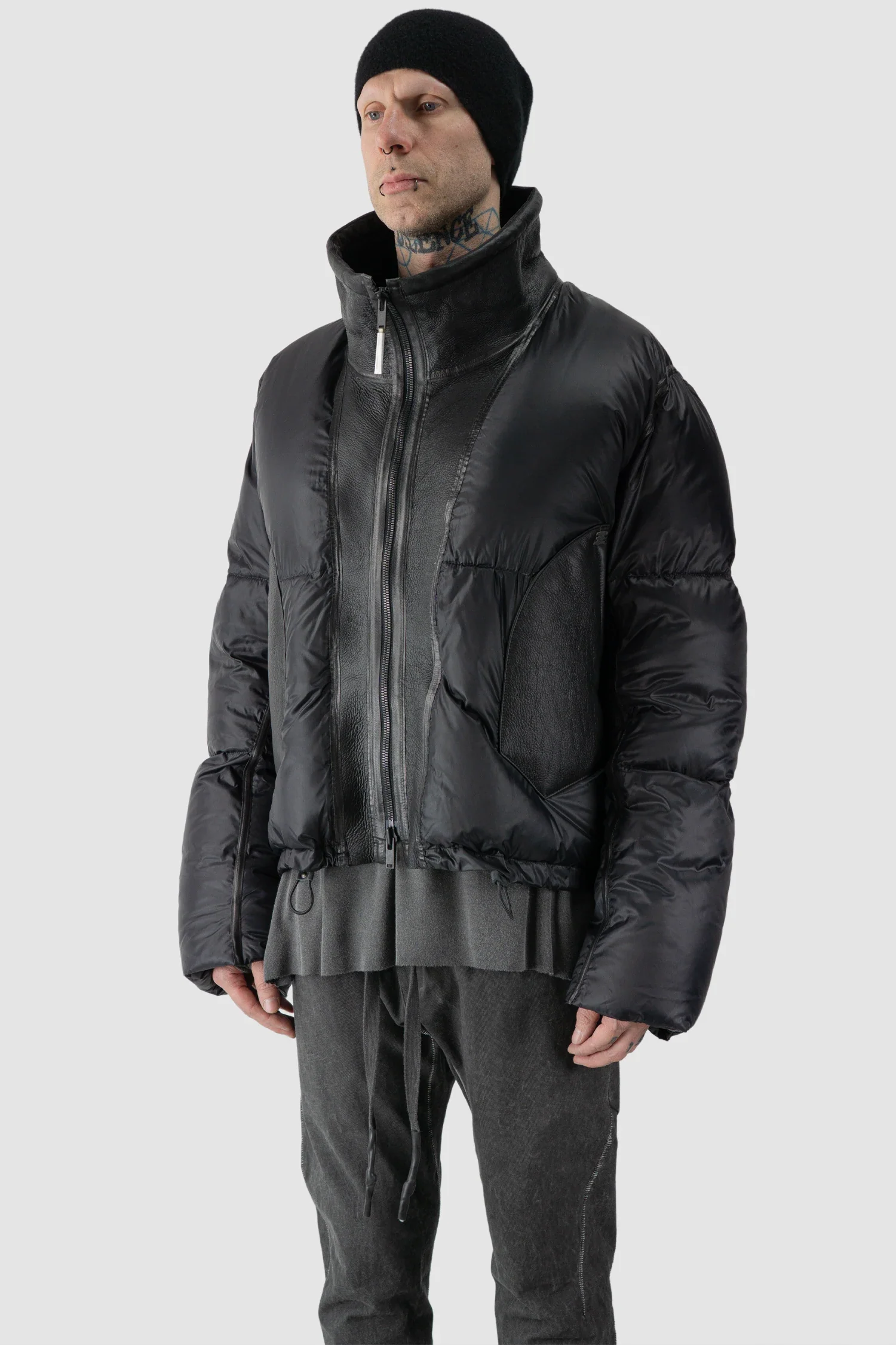 Black Shearling Leather and Down Cropped Puffer Jacket - Image 2