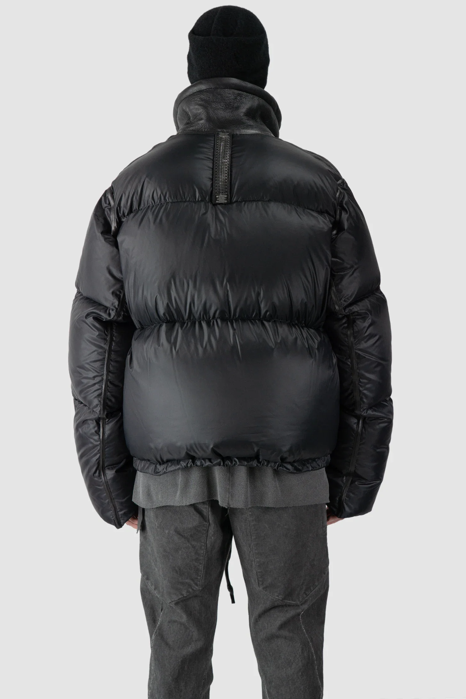 Black Shearling Leather and Down Cropped Puffer Jacket - Image 3