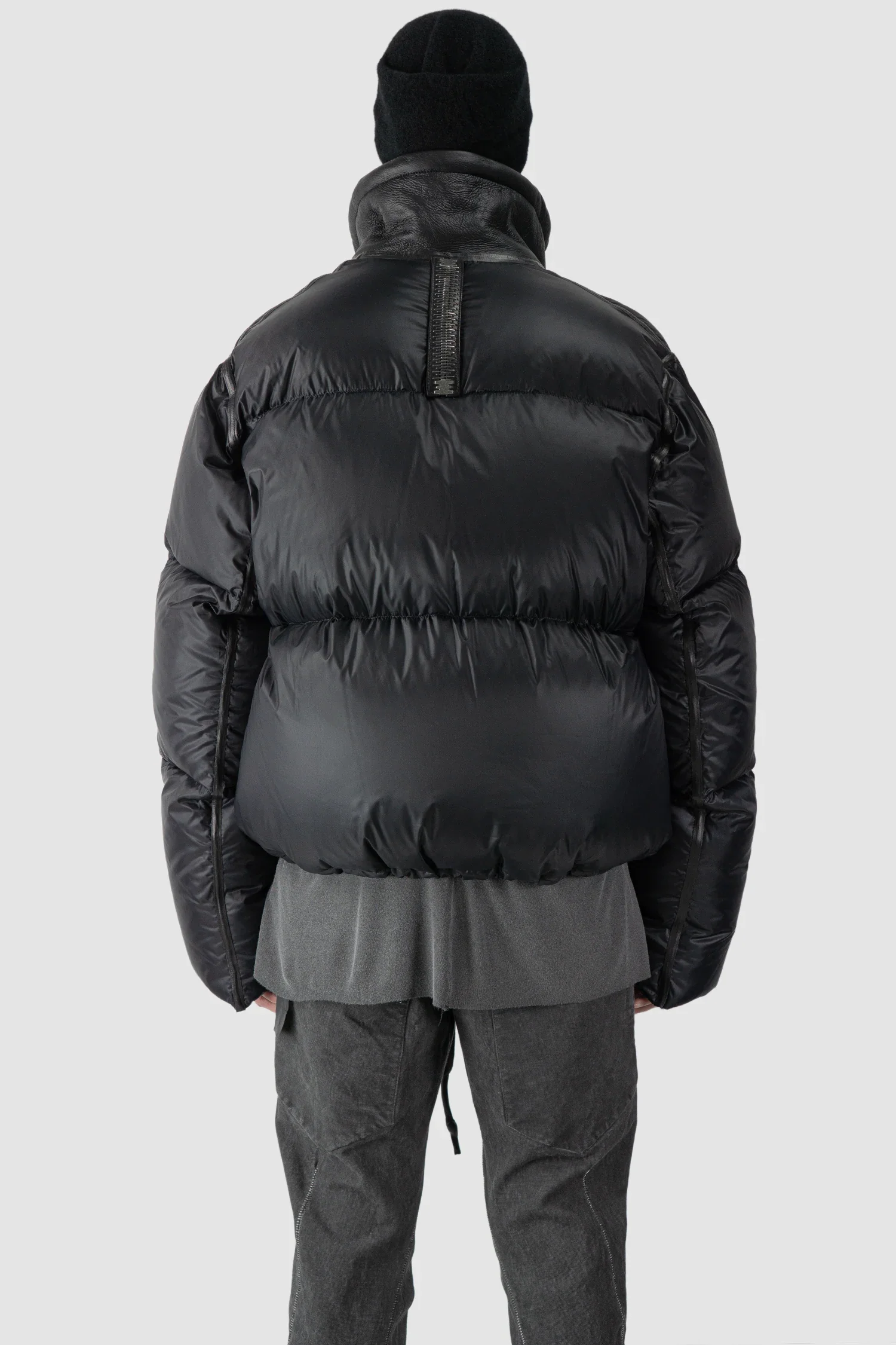 Black Shearling Leather and Down Cropped Puffer Jacket - Image 4