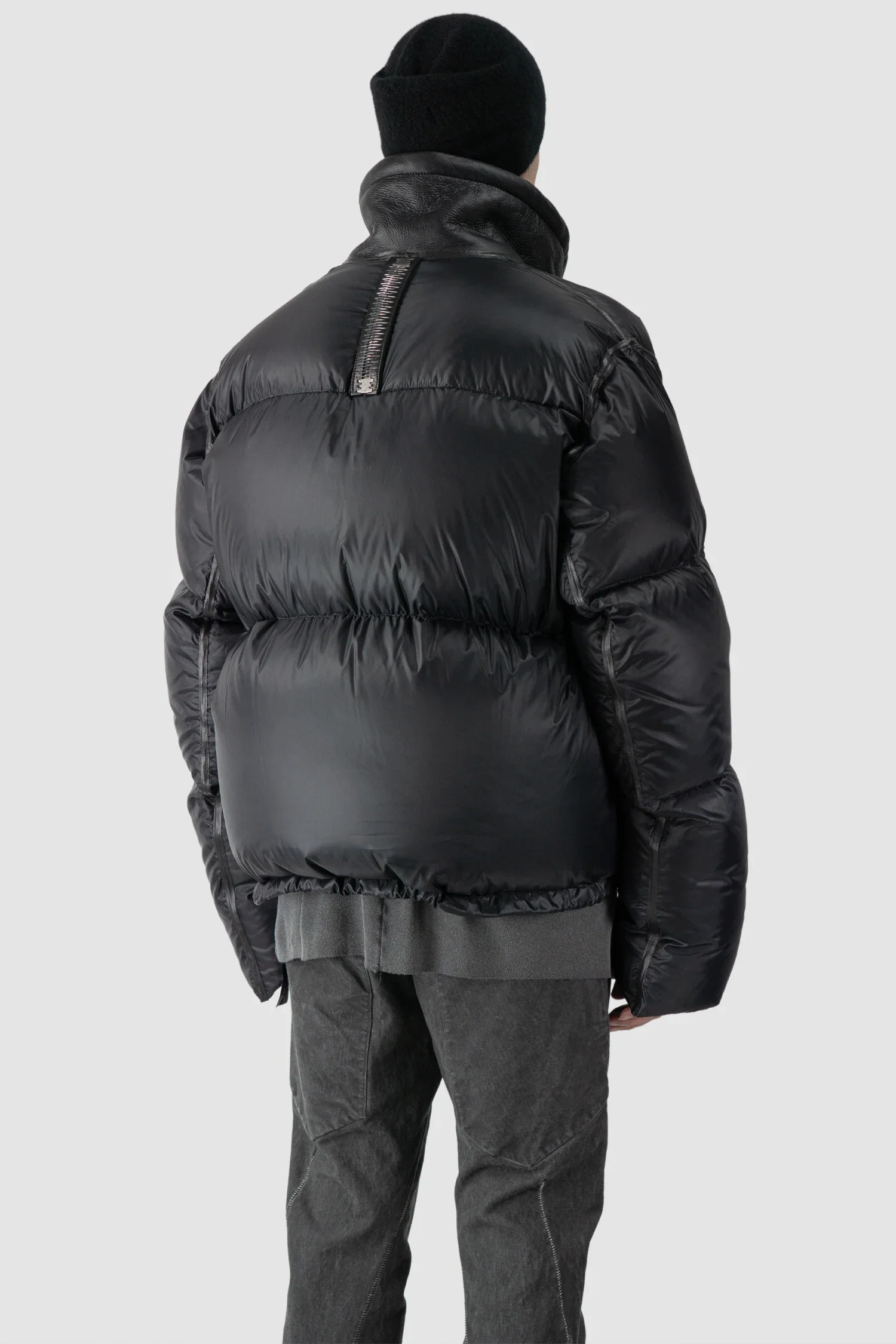 Black Shearling Leather and Down Cropped Puffer Jacket - Image 5