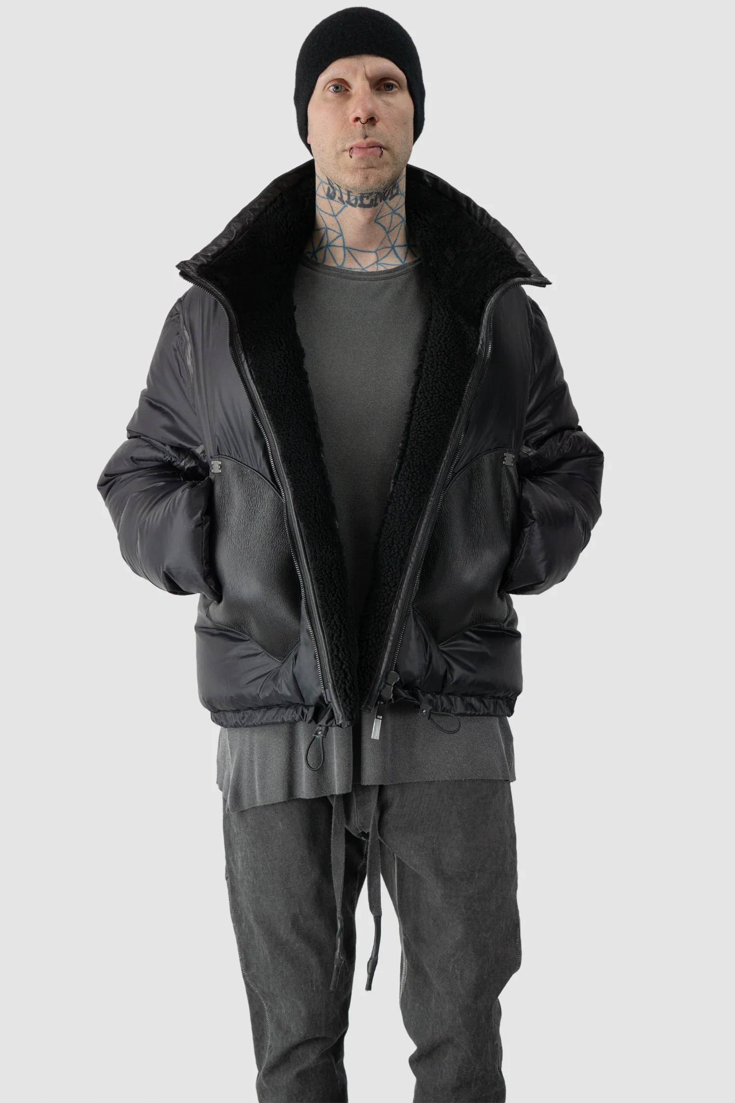 Black Shearling Leather and Down Cropped Puffer Jacket - Image 6