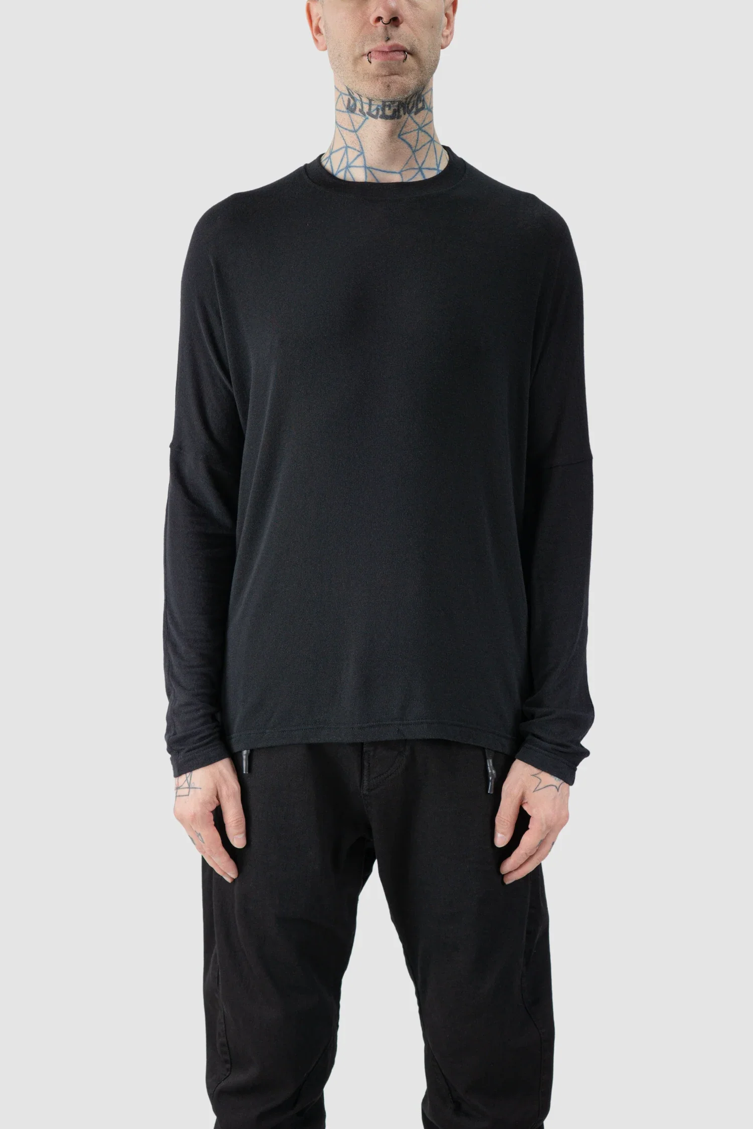 Black Elongated long sleeve Cashmere Blend T-Shirt