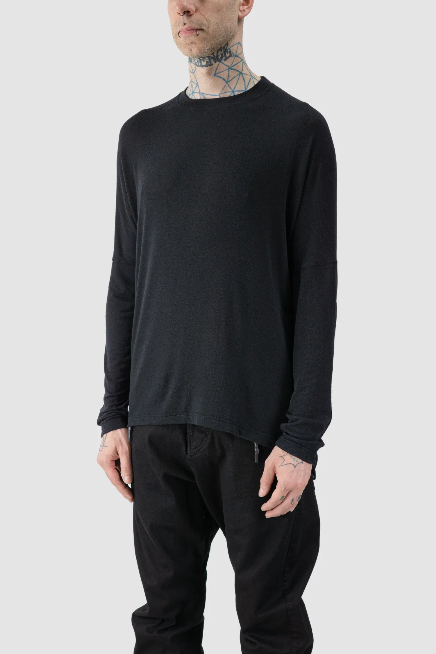 Black Elongated long sleeve Cashmere Blend T-Shirt - Image 2